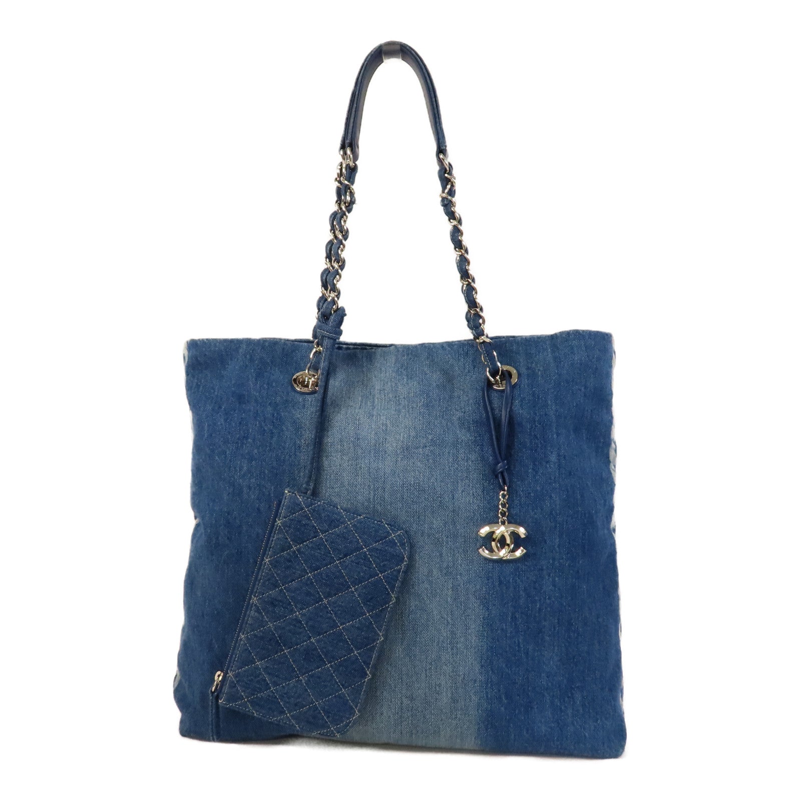 CHANEL 牛仔布Tote Bag銀扣肩背袋藍色