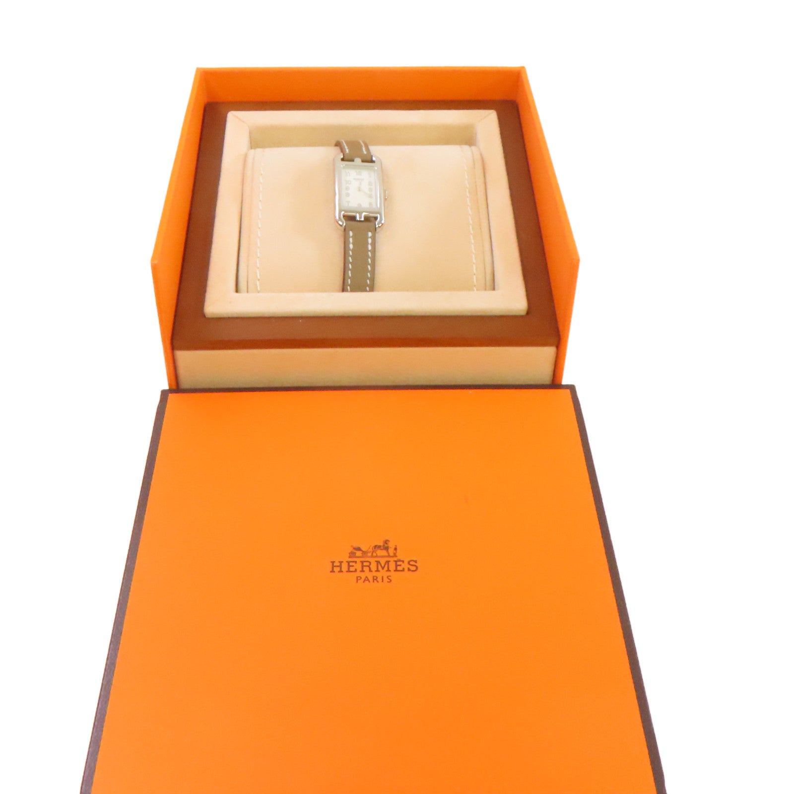 HERMES Nantucket Watch牛皮皮革帶/不鏽鋼石英機芯白色/Etoupe大象灰色