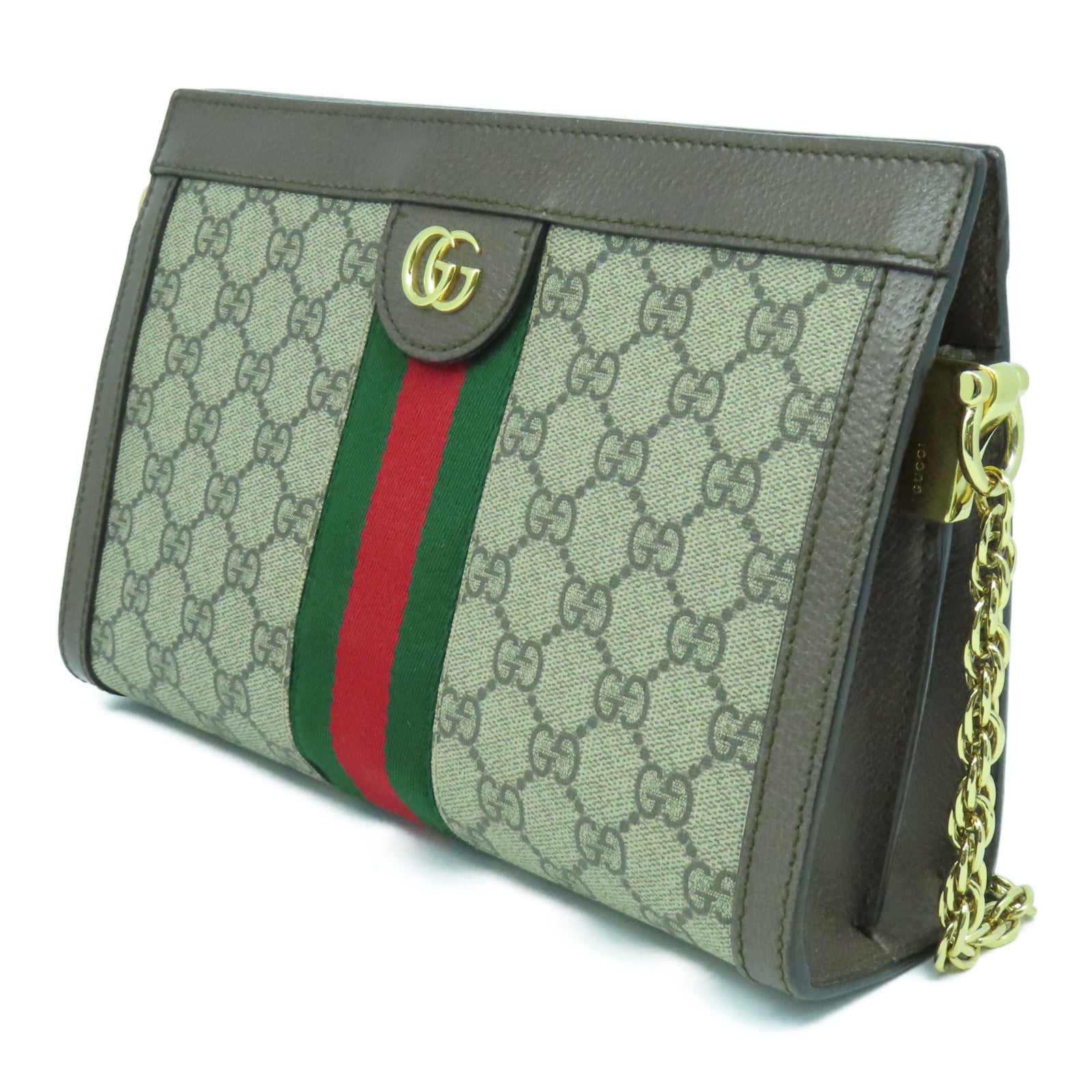 GUCCI 塗層帆布Ophidia GG金扣鏈帶肩背袋啡色