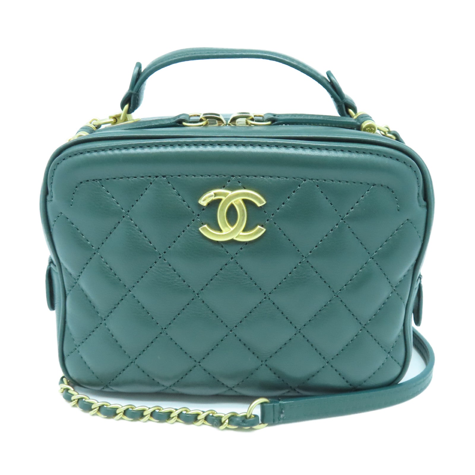 CHANEL cowhide leather CC Vanity Case gold buckle handle shoulder bag green