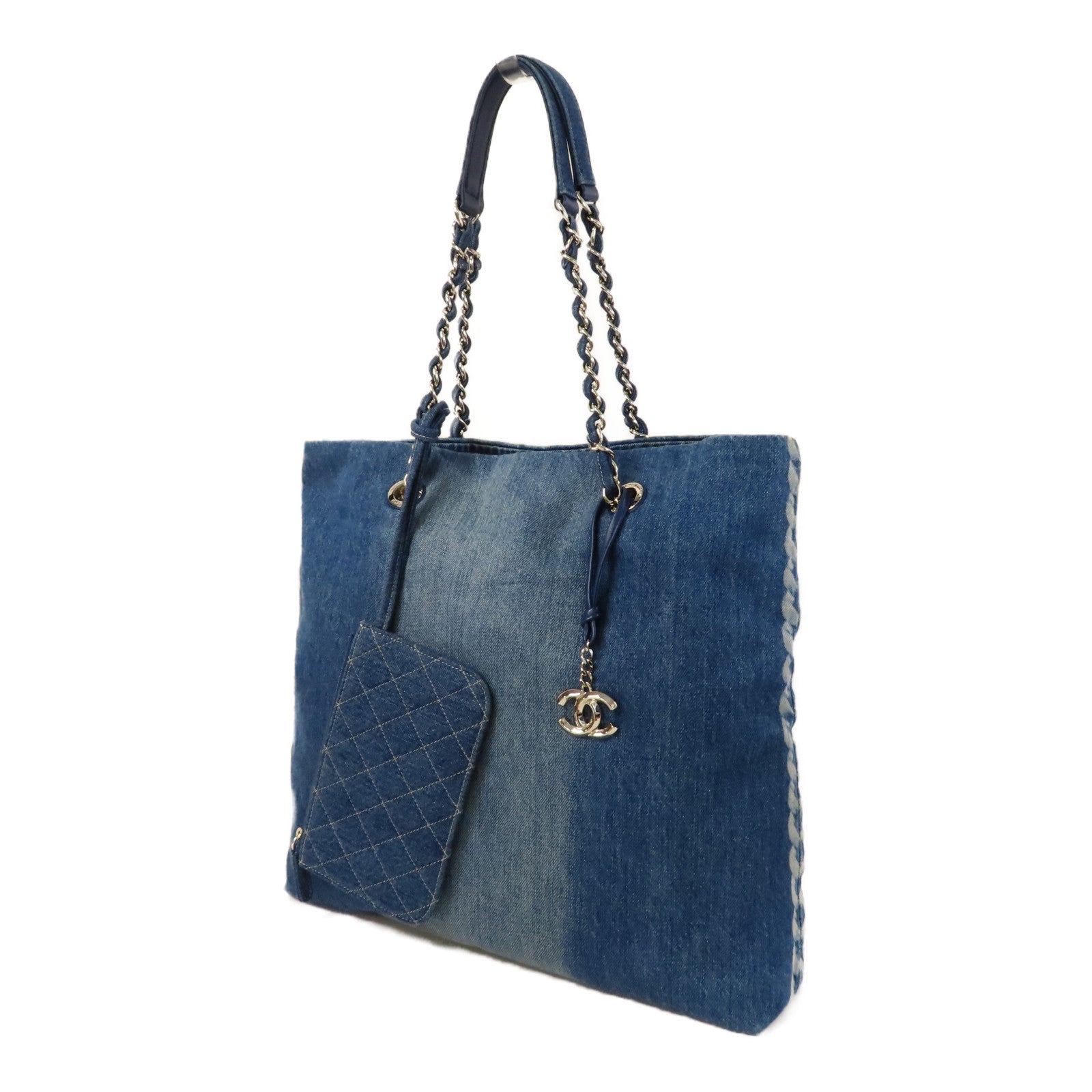 CHANEL 牛仔布Tote Bag銀扣肩背袋藍色