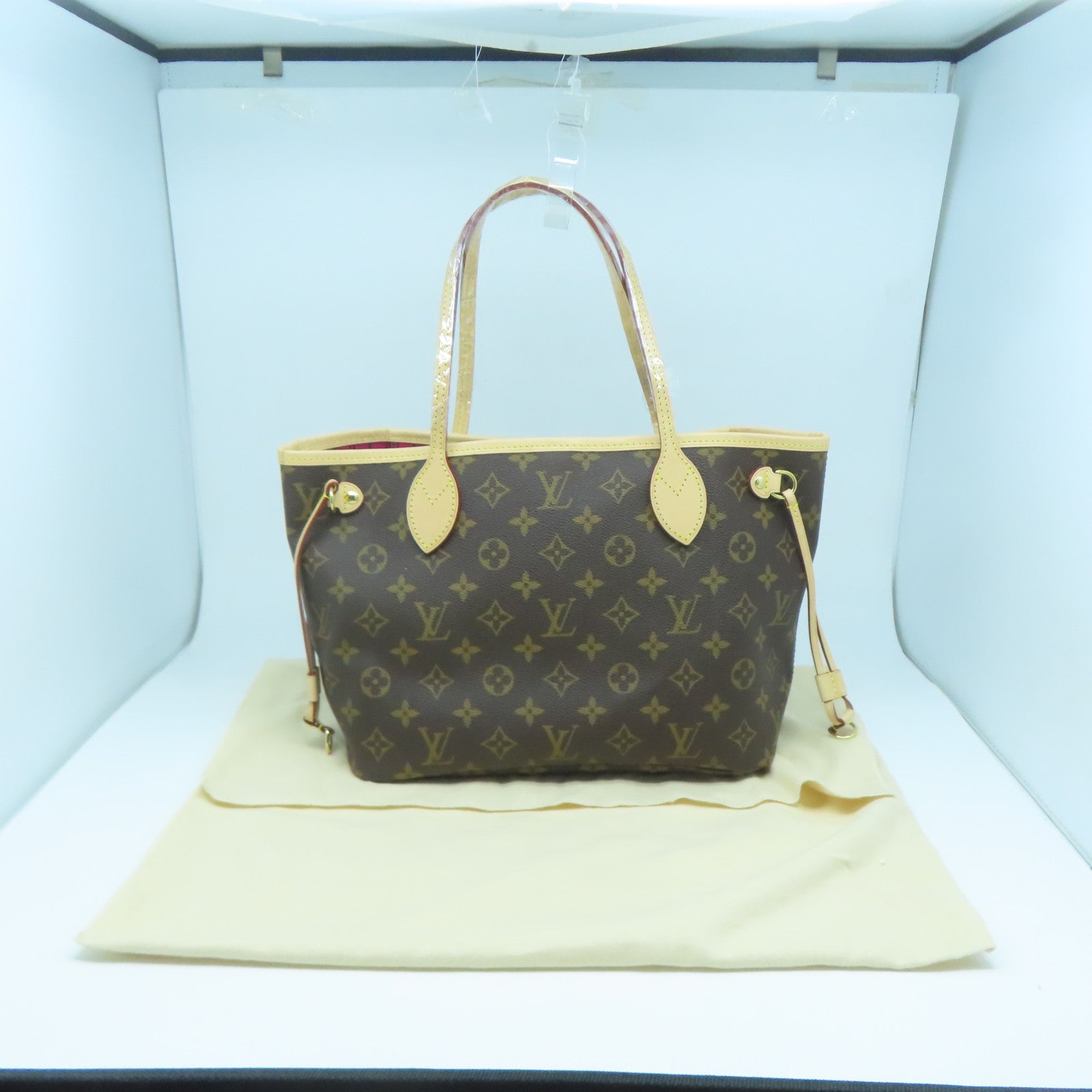 LOUIS VUITTON Monogram Neverfull PM金扣手挽袋棕色