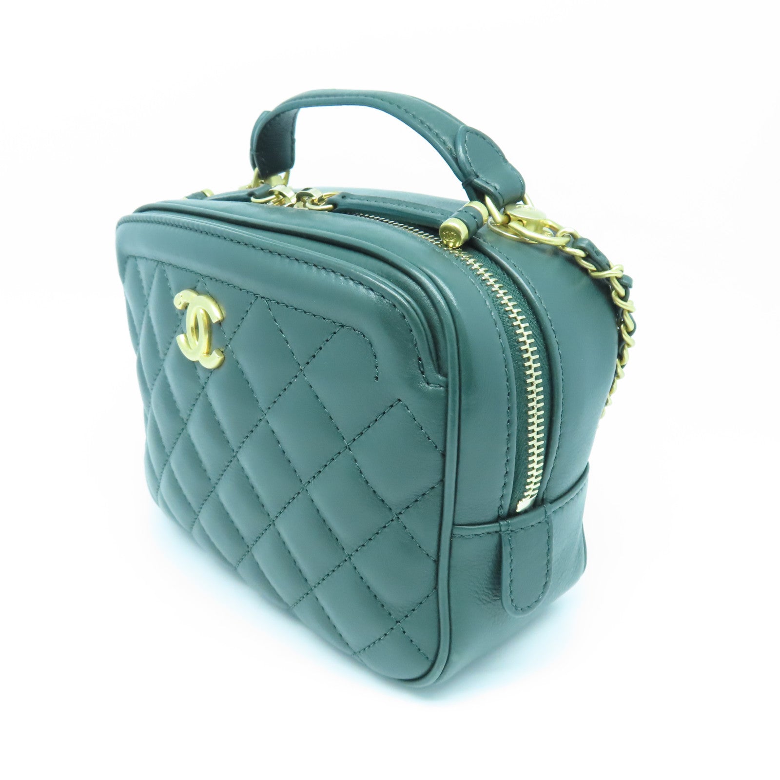 CHANEL cowhide leather CC Vanity Case gold buckle handle shoulder bag green