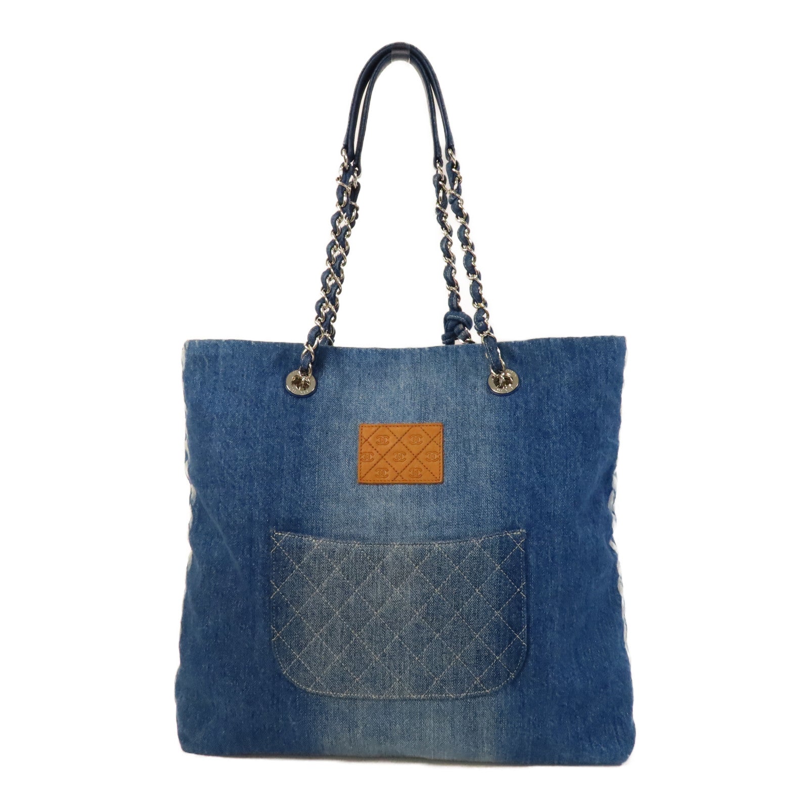 CHANEL 牛仔布Tote Bag銀扣肩背袋藍色