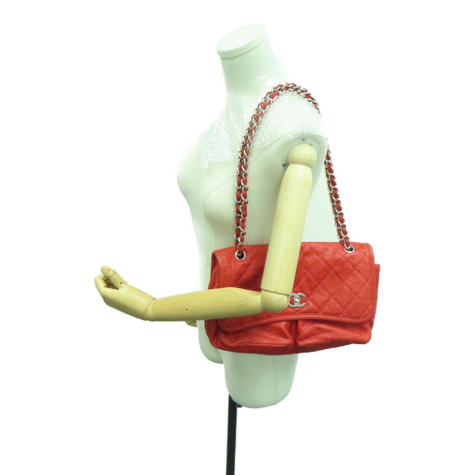CHANEL 【激減優惠】菱格牛皮皮革Chain Shoulder銀扣鏈帶肩背袋紅色