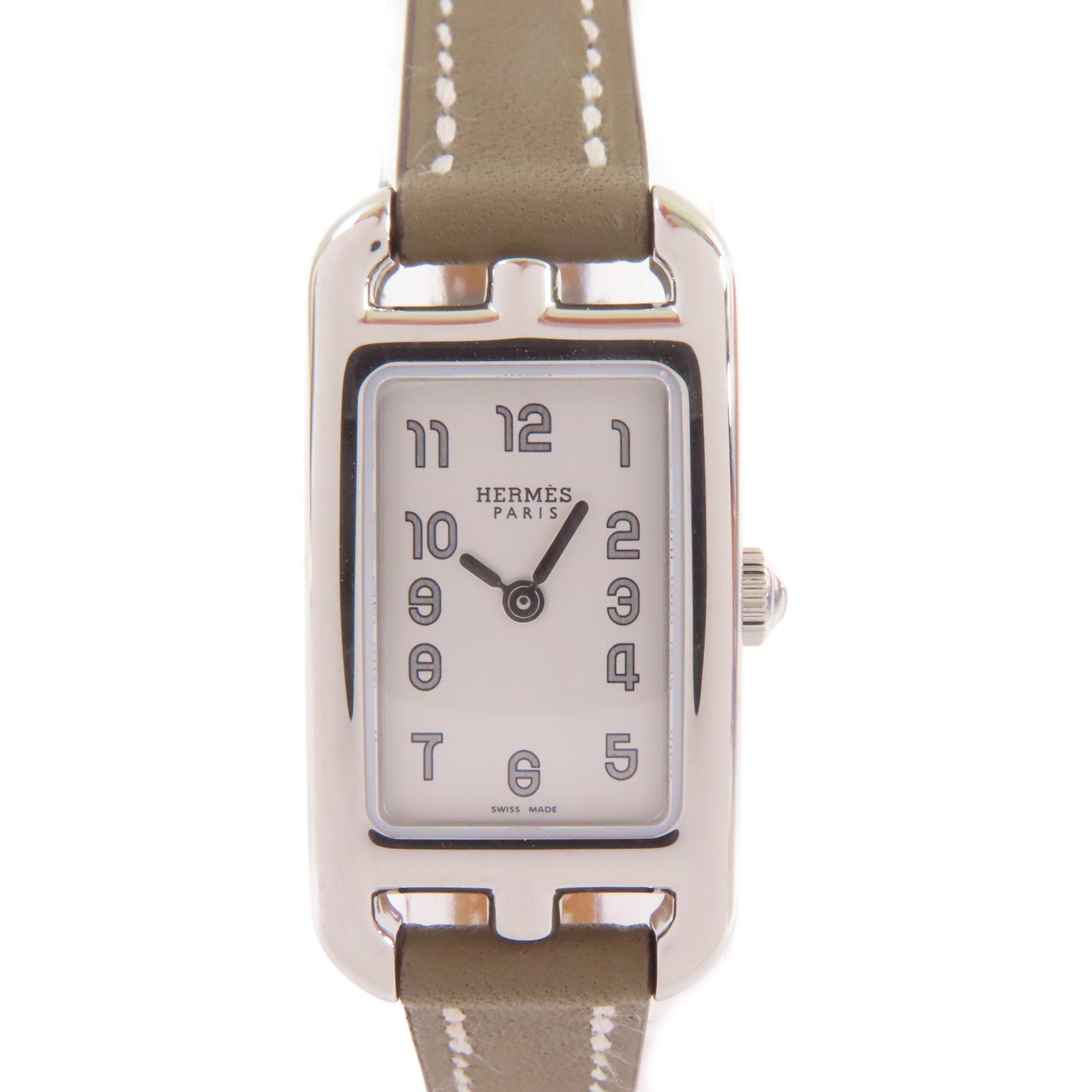 HERMES Nantucket Watch牛皮皮革帶/不鏽鋼石英機芯白色/Etoupe大象灰色
