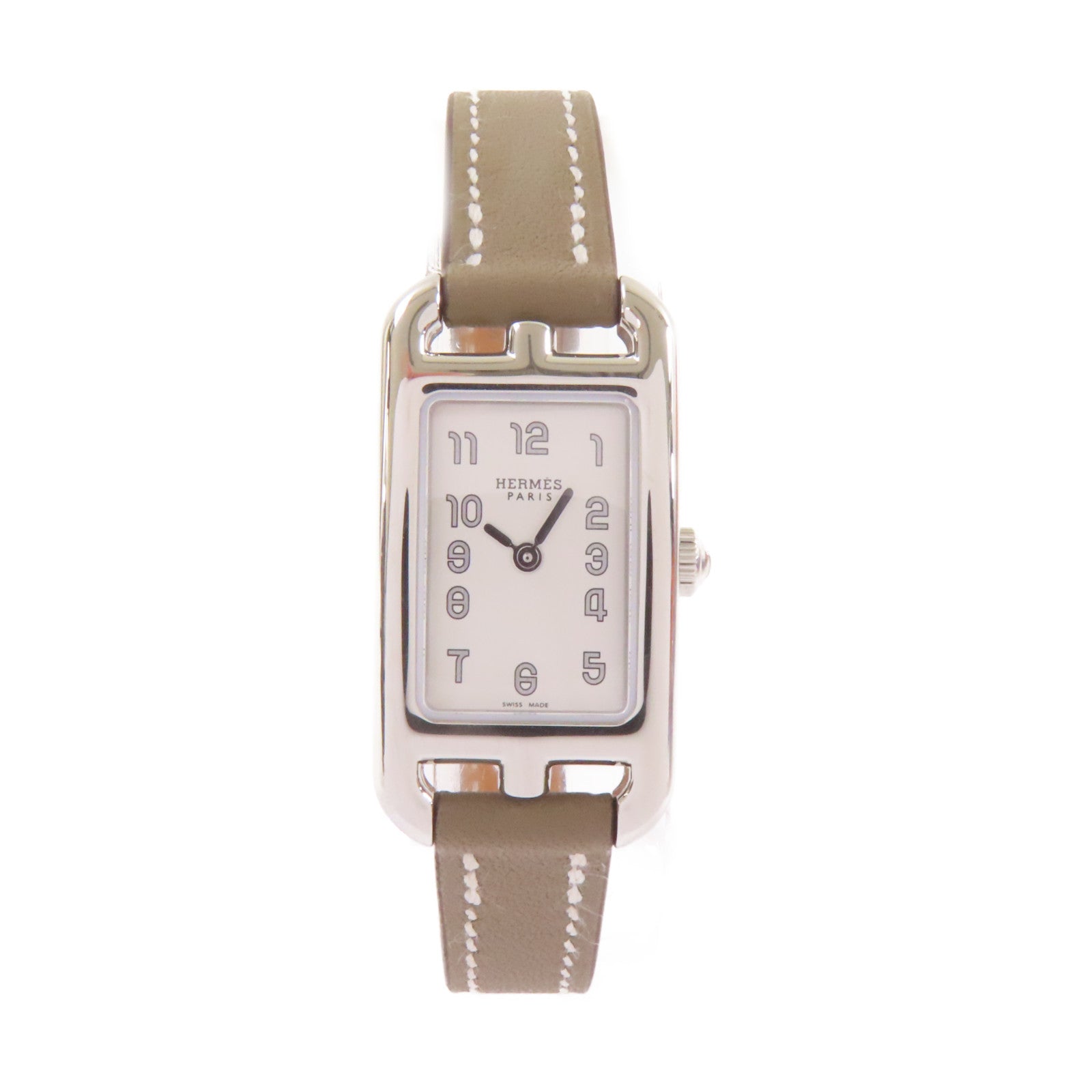 HERMES Nantucket Watch牛皮皮革帶/不鏽鋼石英機芯白色/Etoupe大象灰色