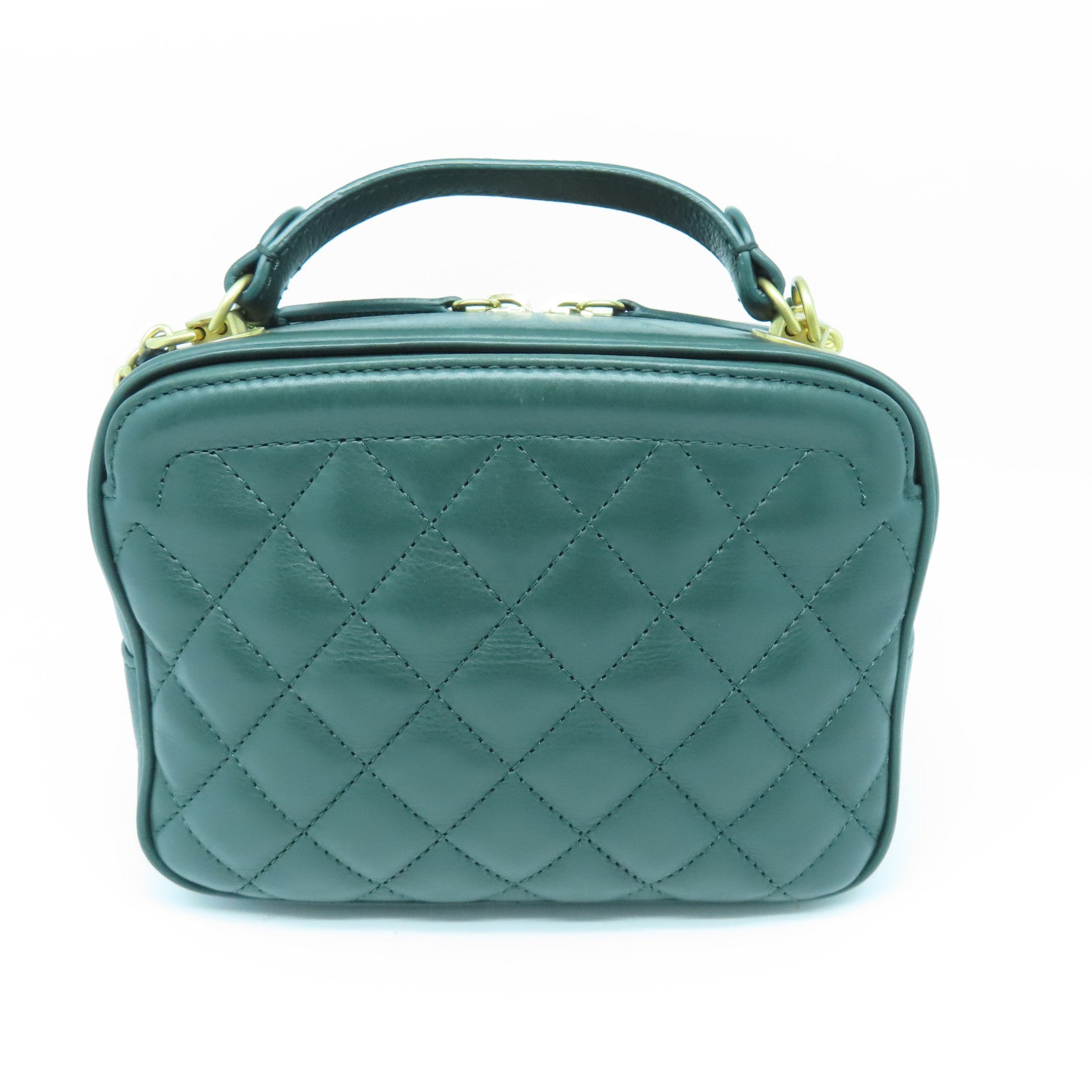 CHANEL cowhide leather CC Vanity Case gold buckle handle shoulder bag green