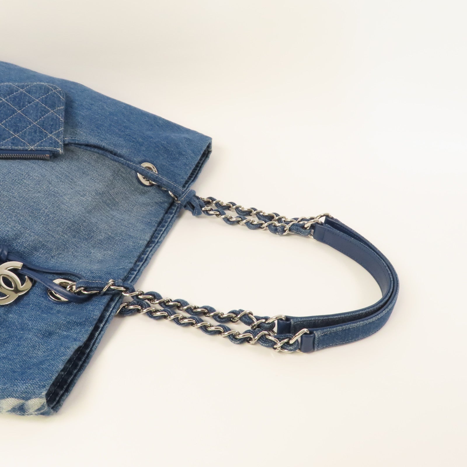 CHANEL 牛仔布Tote Bag銀扣肩背袋藍色