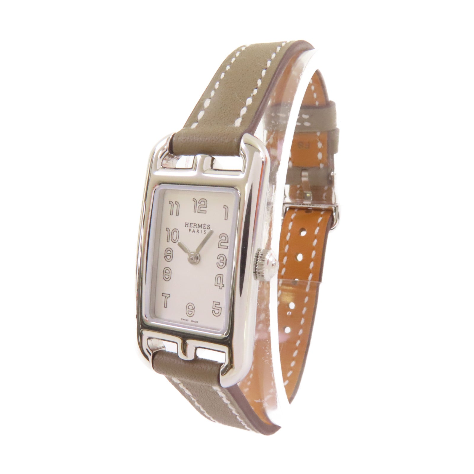 HERMES Nantucket Watch牛皮皮革帶/不鏽鋼石英機芯白色/Etoupe大象灰色