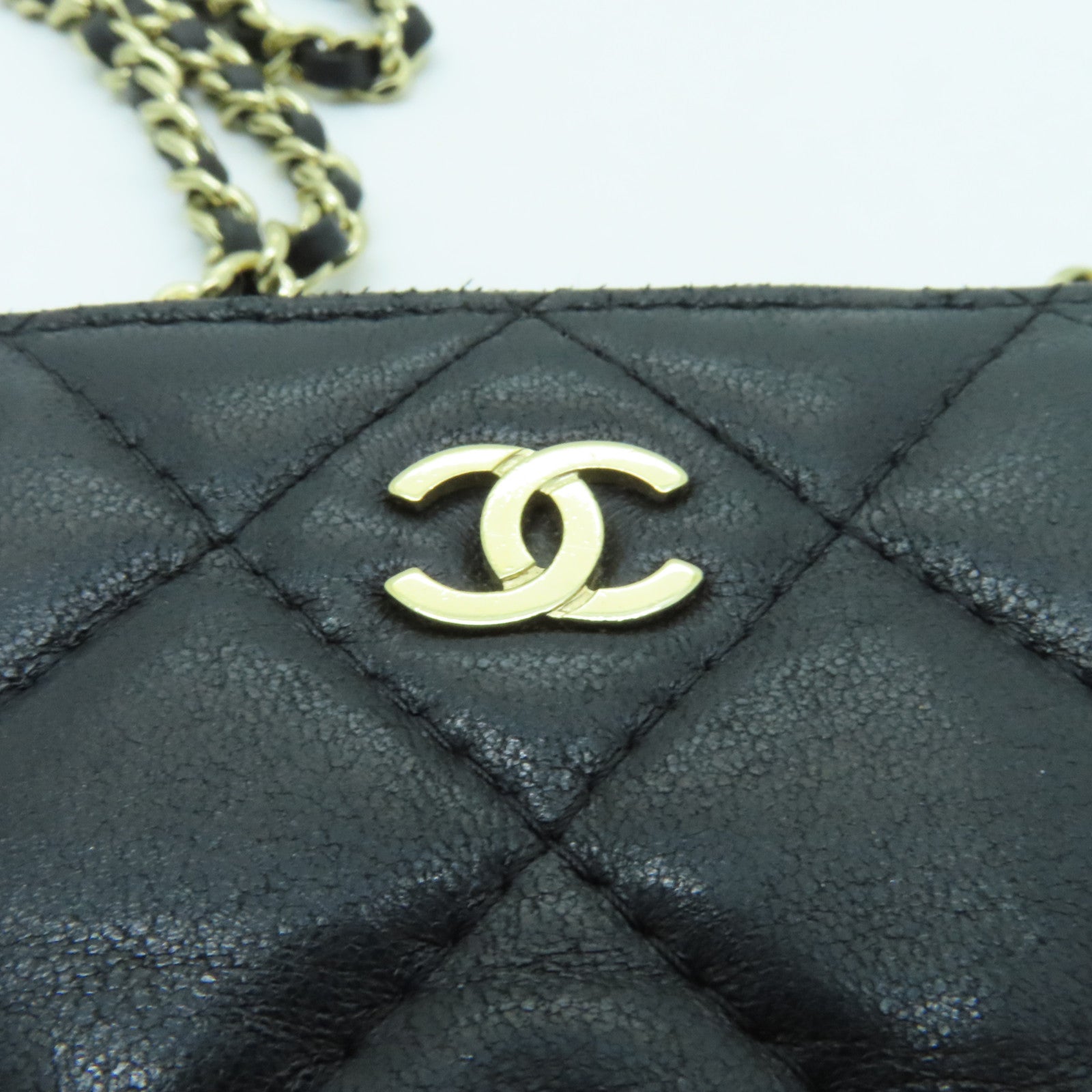 CHANEL 菱格羊皮皮革Chain Shoulder金扣鏈帶肩背袋黑色