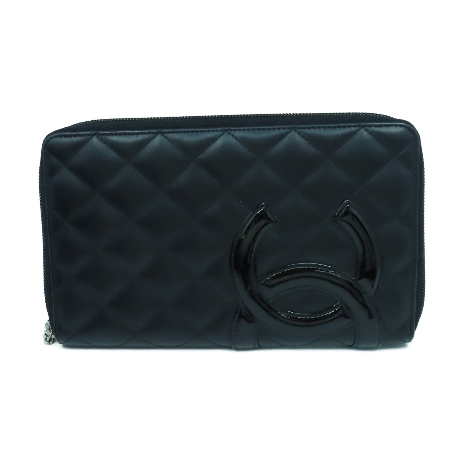CHANEL 菱格牛皮皮革Cambon Wallet銀扣長錢包黑色