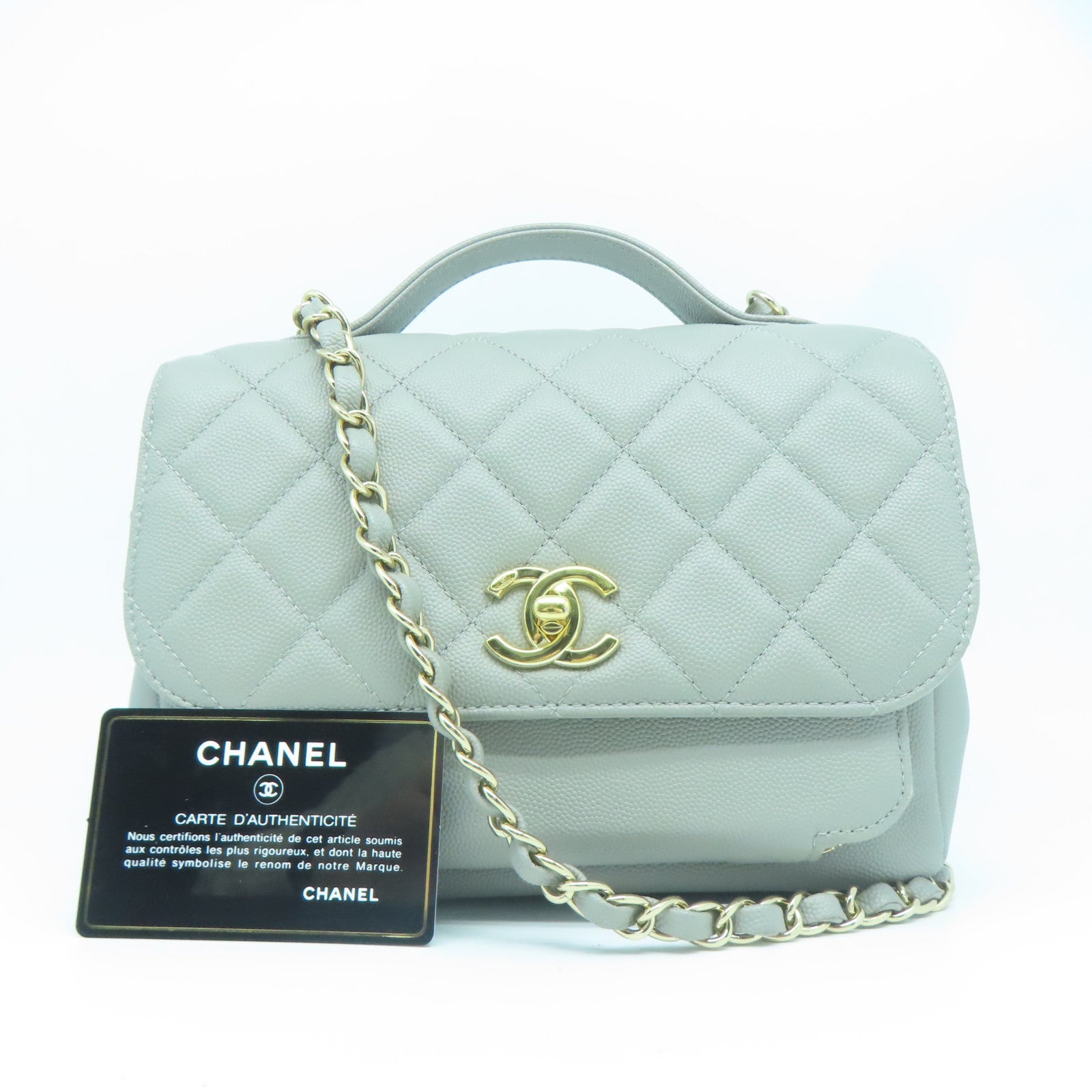 CHANEL 菱格Caviar皮革Chain Shoulder金扣鏈帶肩背袋灰色