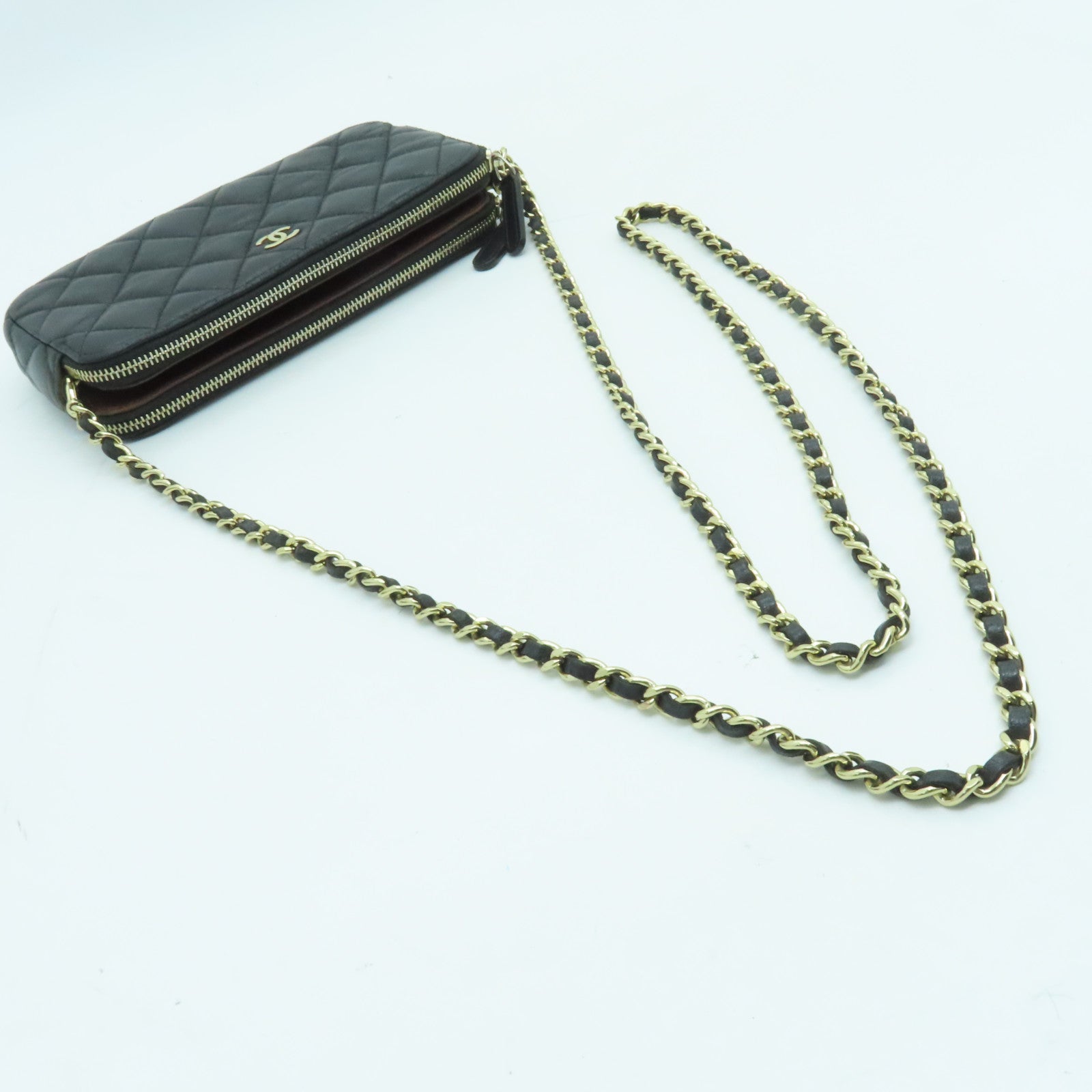CHANEL 菱格羊皮皮革Chain Shoulder金扣鏈帶肩背袋黑色