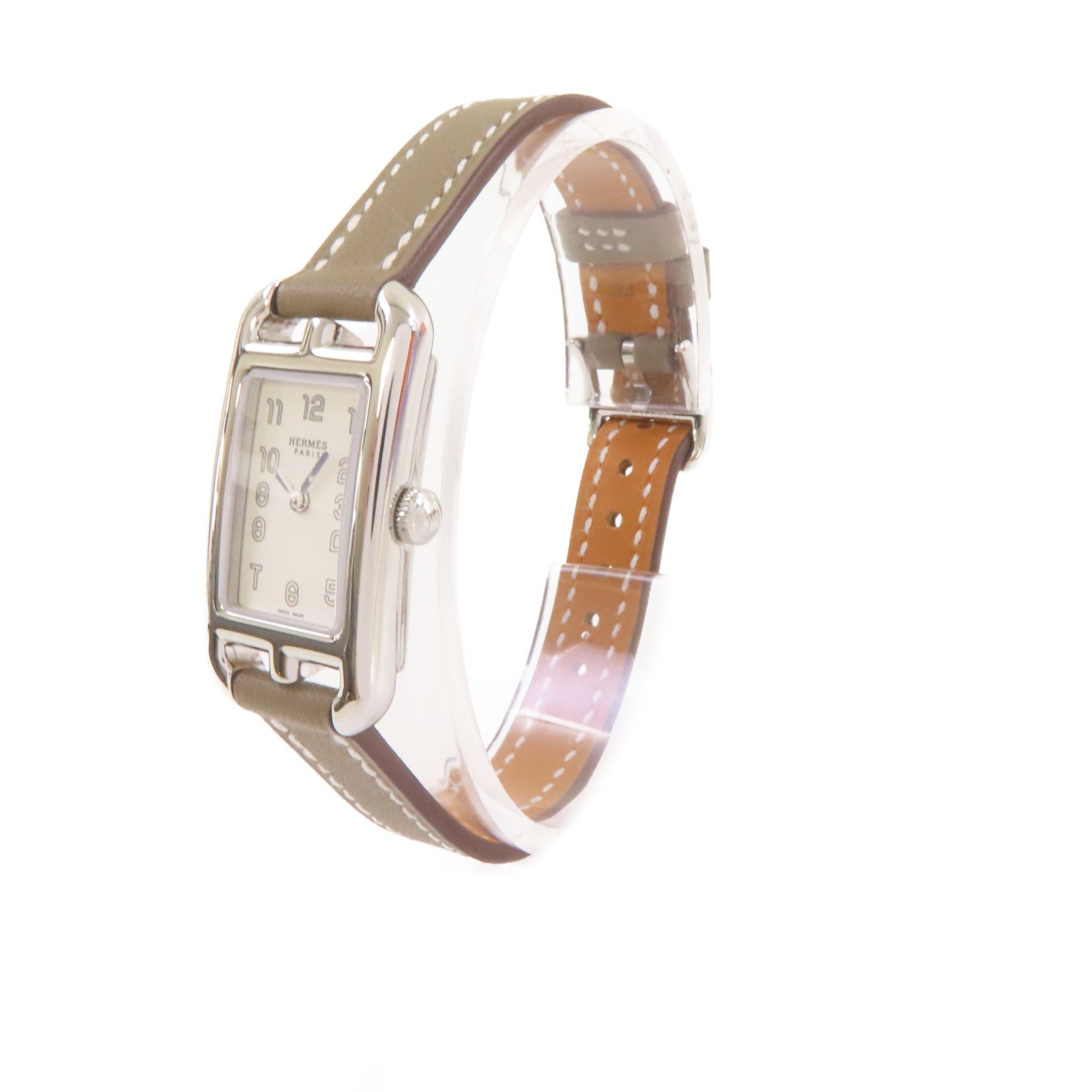 HERMES Nantucket Watch牛皮皮革帶/不鏽鋼石英機芯白色/Etoupe大象灰色