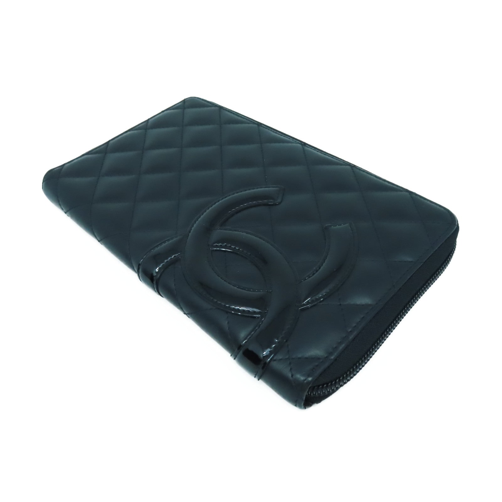 CHANEL 菱格牛皮皮革Cambon Wallet銀扣長錢包黑色