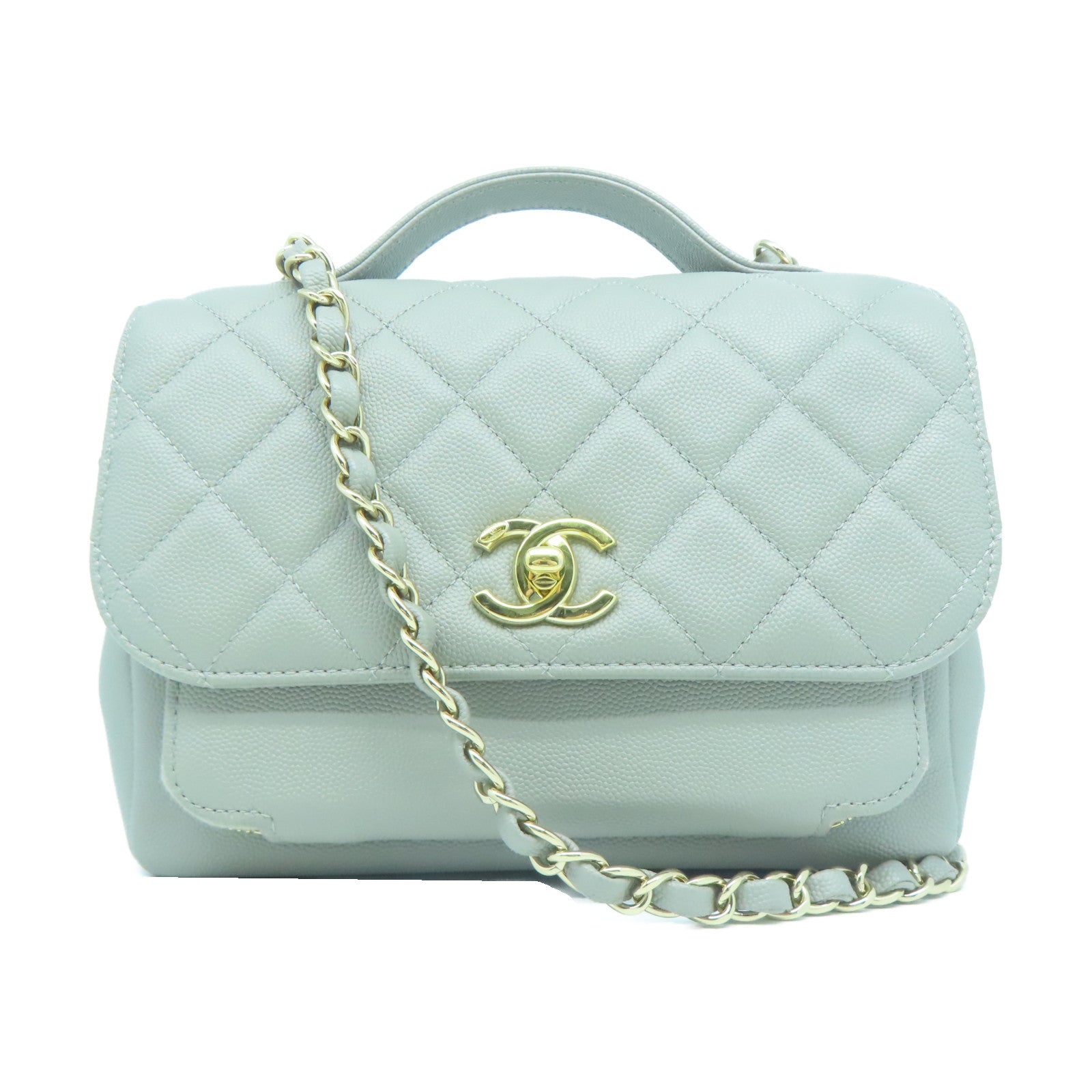 CHANEL 菱格Caviar皮革Chain Shoulder金扣鏈帶肩背袋灰色