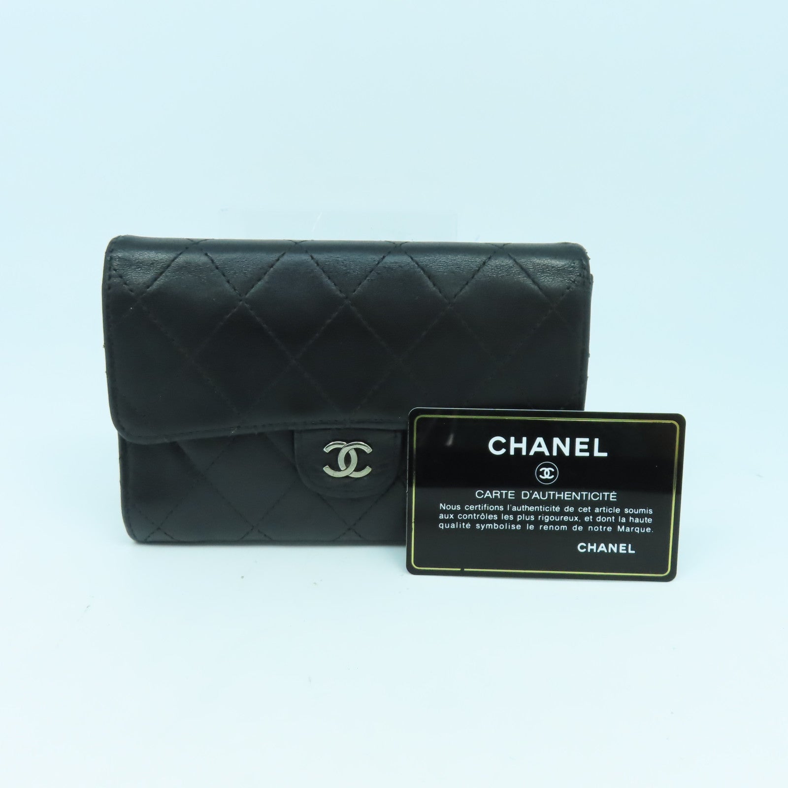 CHANEL 菱格牛皮皮革Wallet銀扣錢包黒色