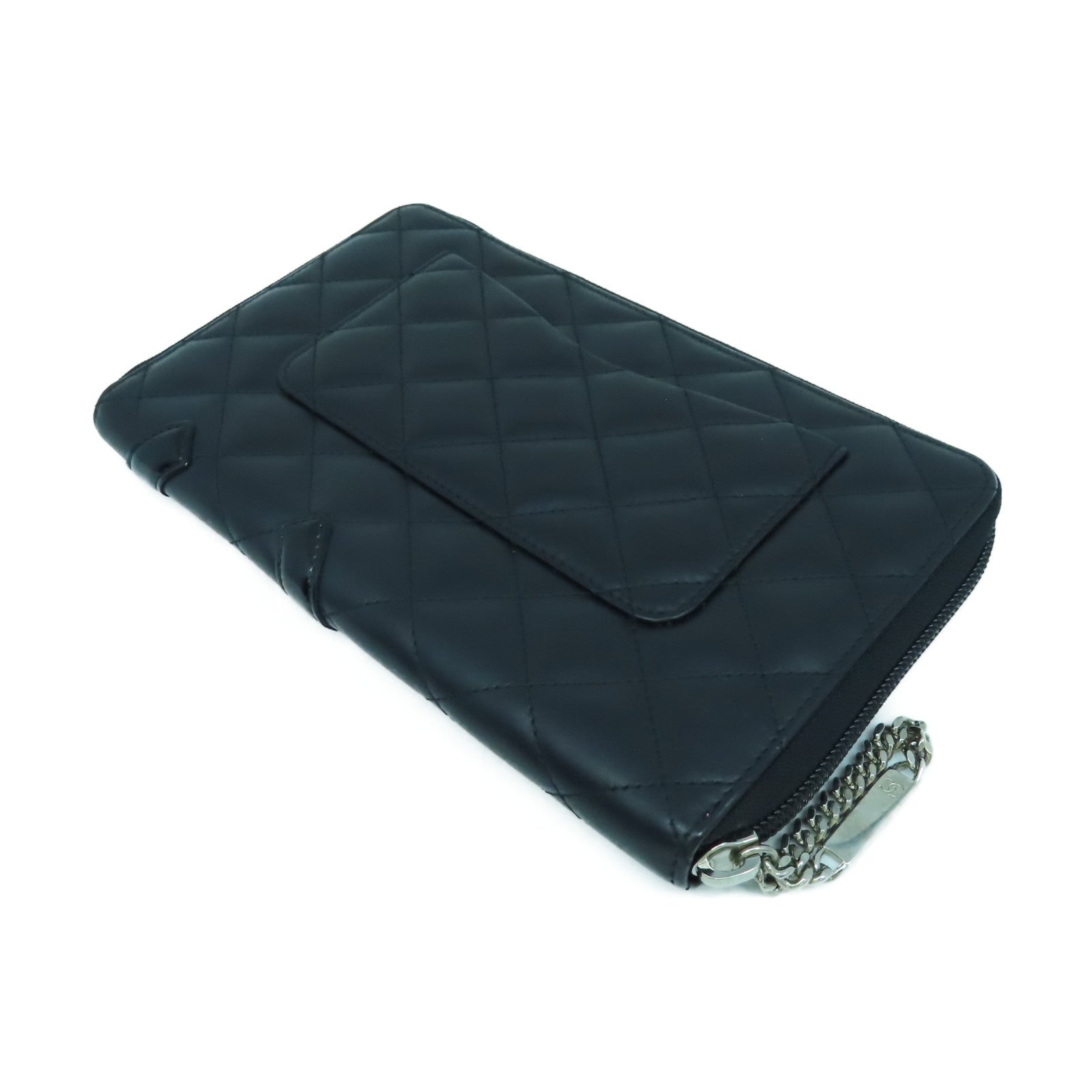 CHANEL 菱格牛皮皮革Cambon Wallet銀扣長錢包黑色