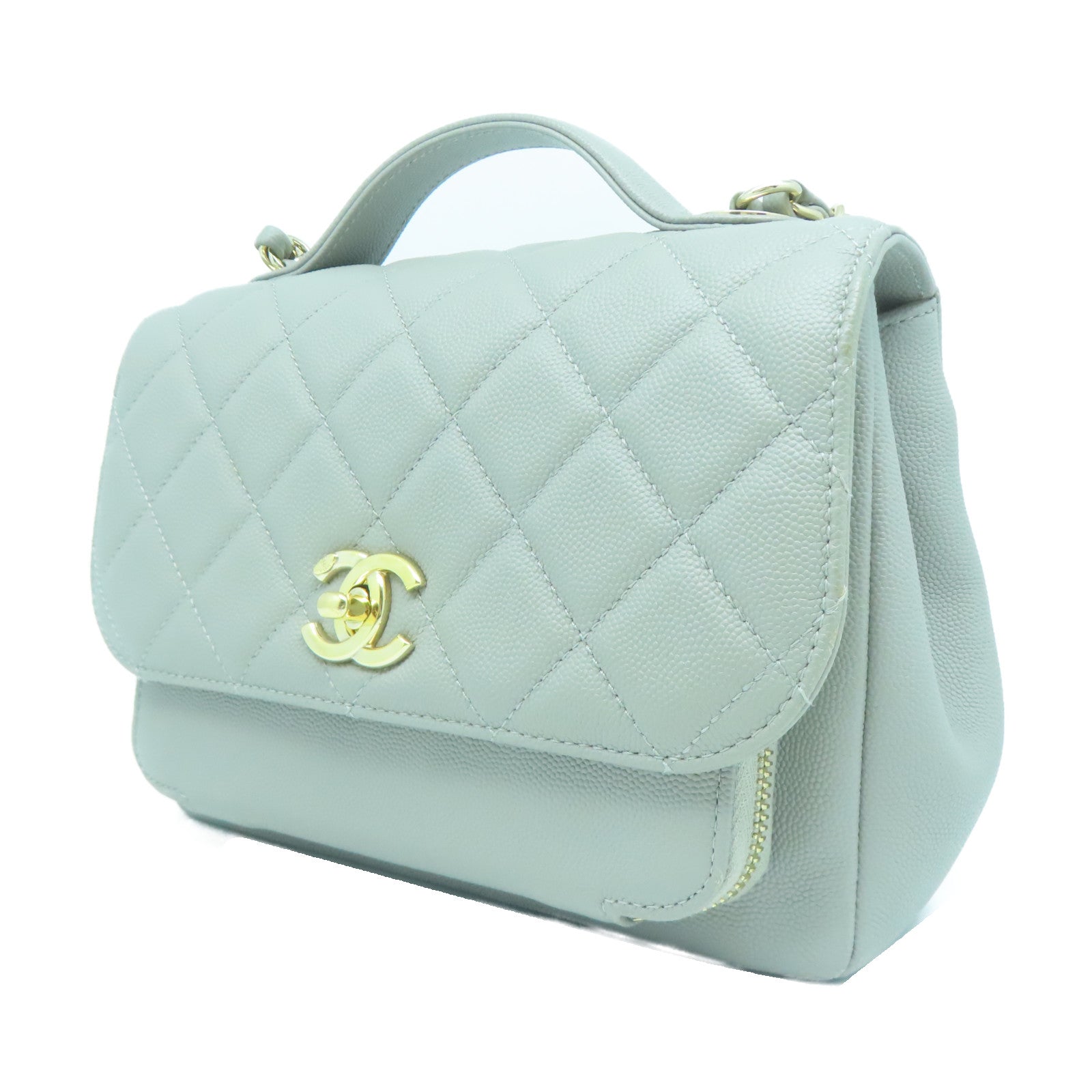 CHANEL 菱格Caviar皮革Chain Shoulder金扣鏈帶肩背袋灰色