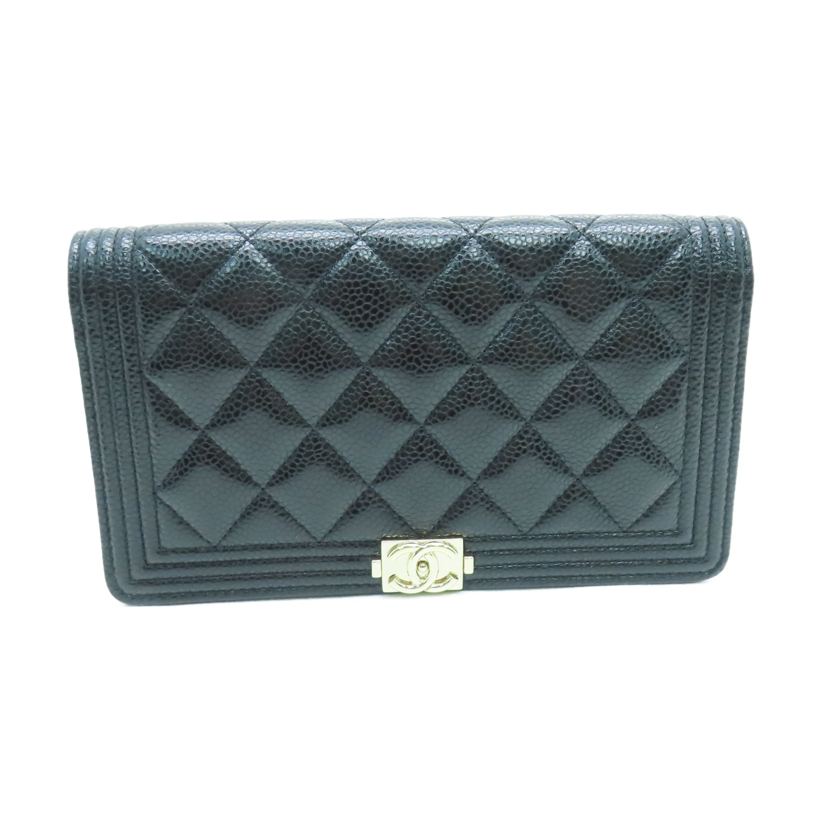 CHANEL 菱格Caviar皮革Boy Wallet金扣長錢包黑色