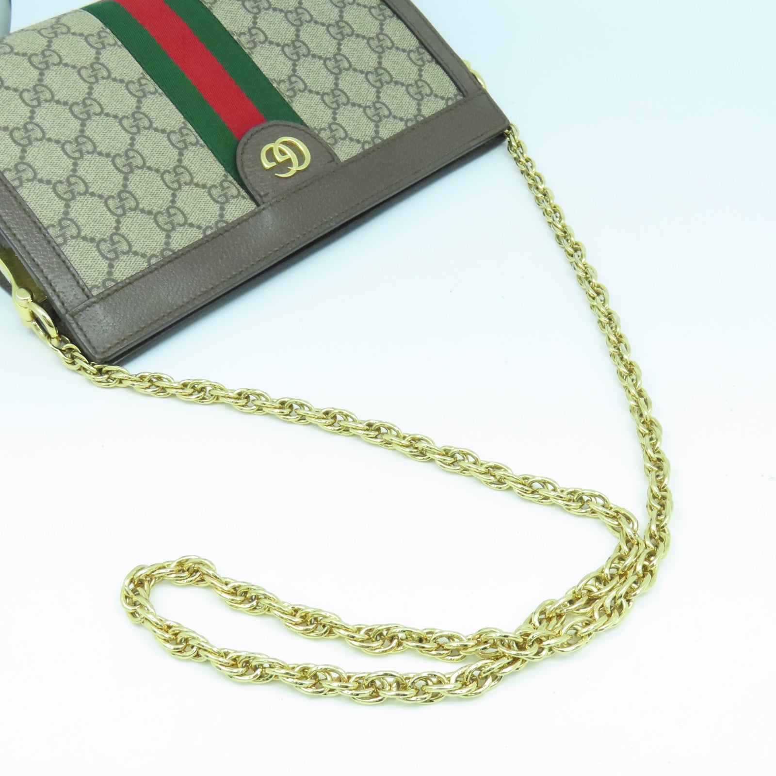 GUCCI 塗層帆布Ophidia GG金扣鏈帶肩背袋啡色