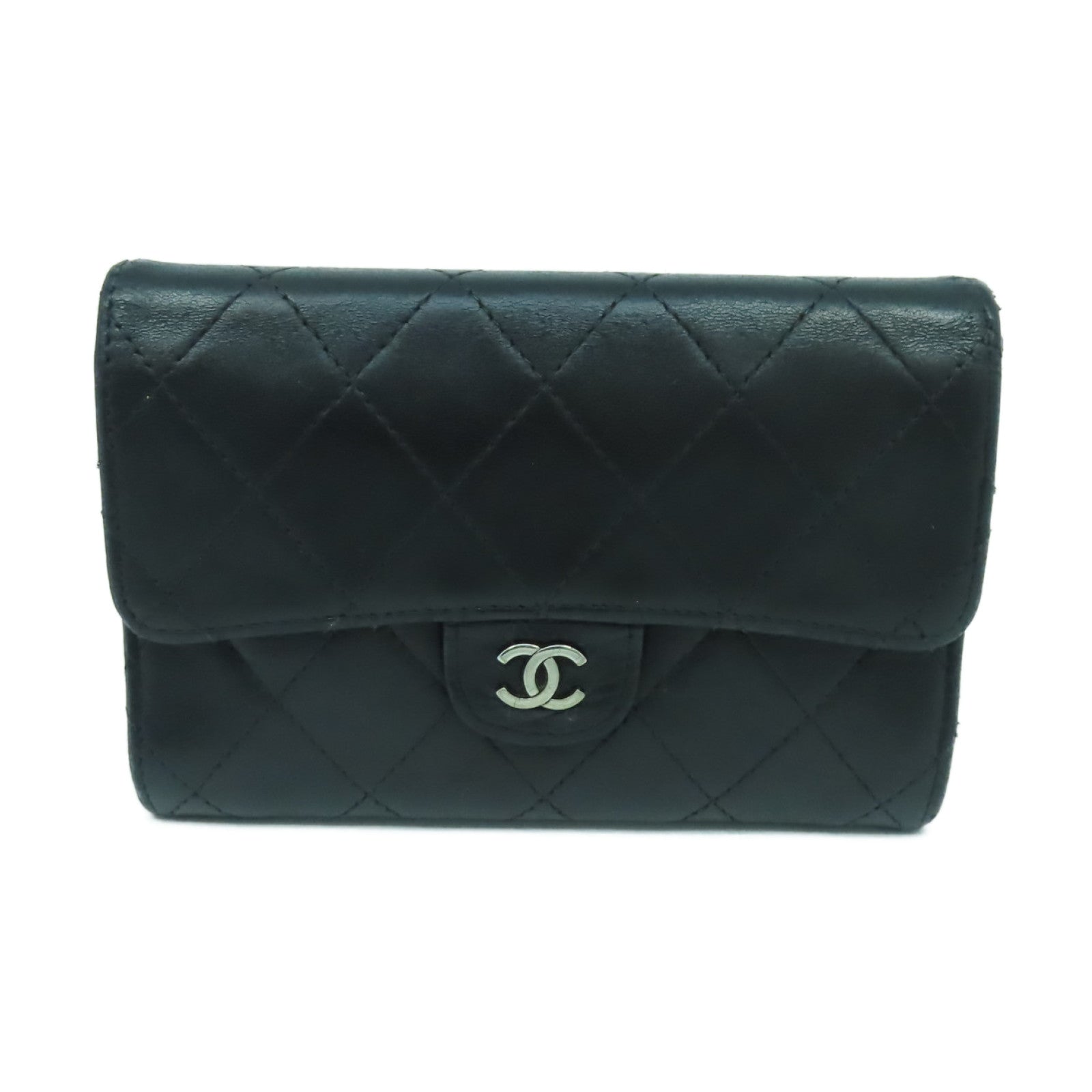 CHANEL 菱格牛皮皮革Wallet銀扣錢包黒色