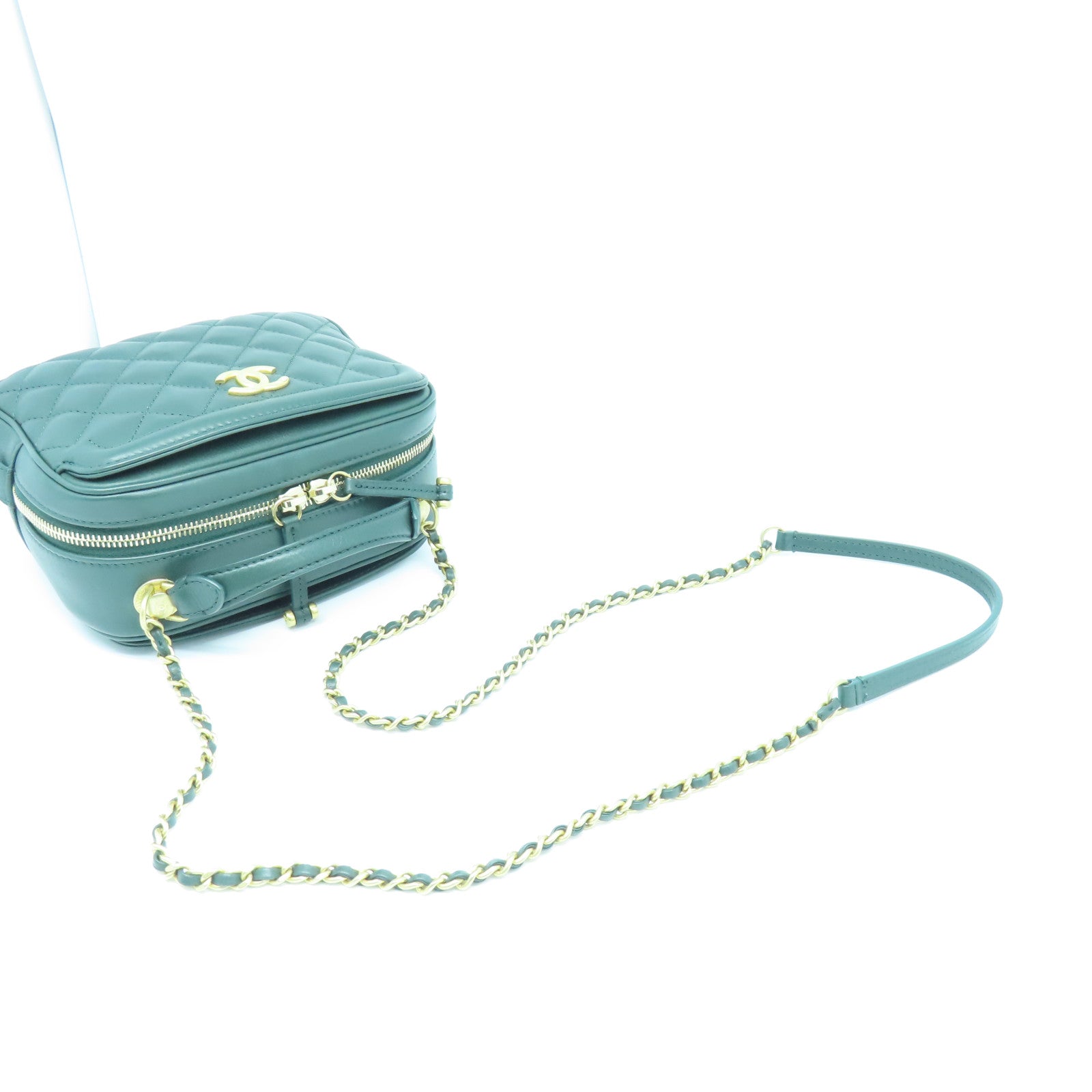 CHANEL cowhide leather CC Vanity Case gold buckle handle shoulder bag green