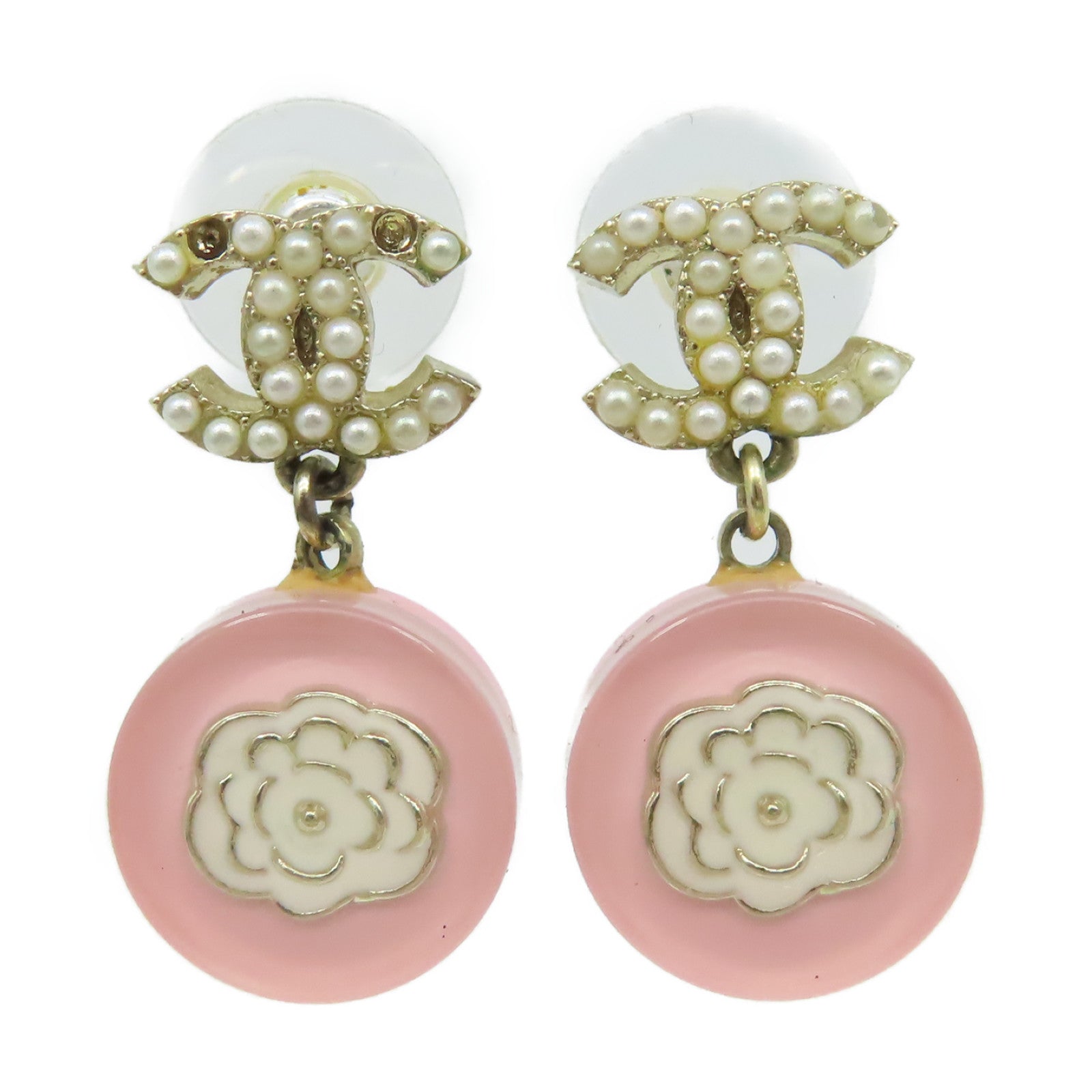 CHANEL PVC/金屬CC Earrings耳環粉紅色/米白色/金色