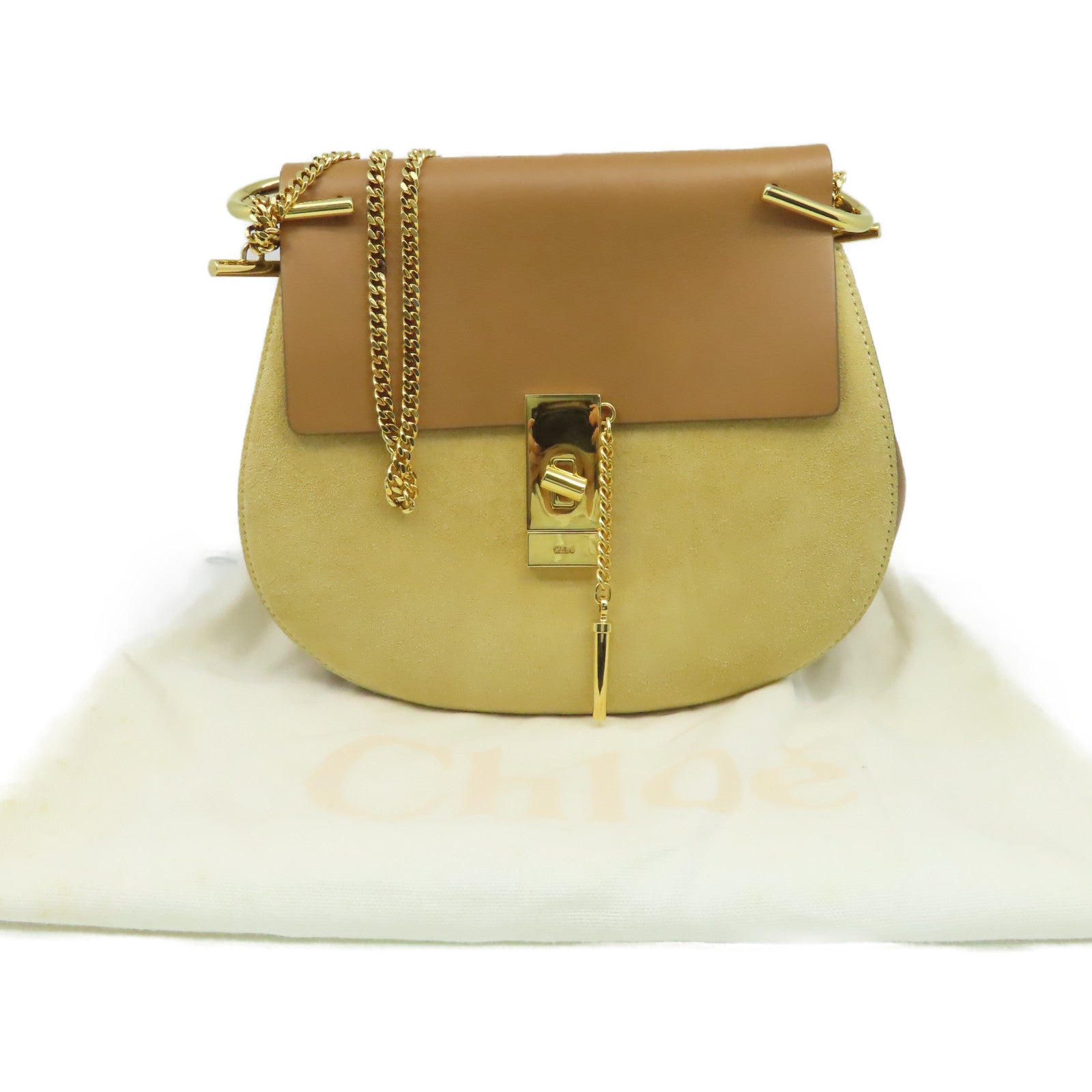 Chloe 麂皮皮革/牛皮皮革Shoulder Bag金扣鏈帶肩背袋杏色/啡色
