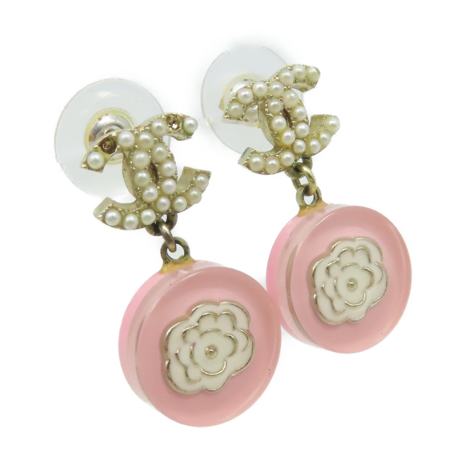 CHANEL PVC/金屬CC Earrings耳環粉紅色/米白色/金色