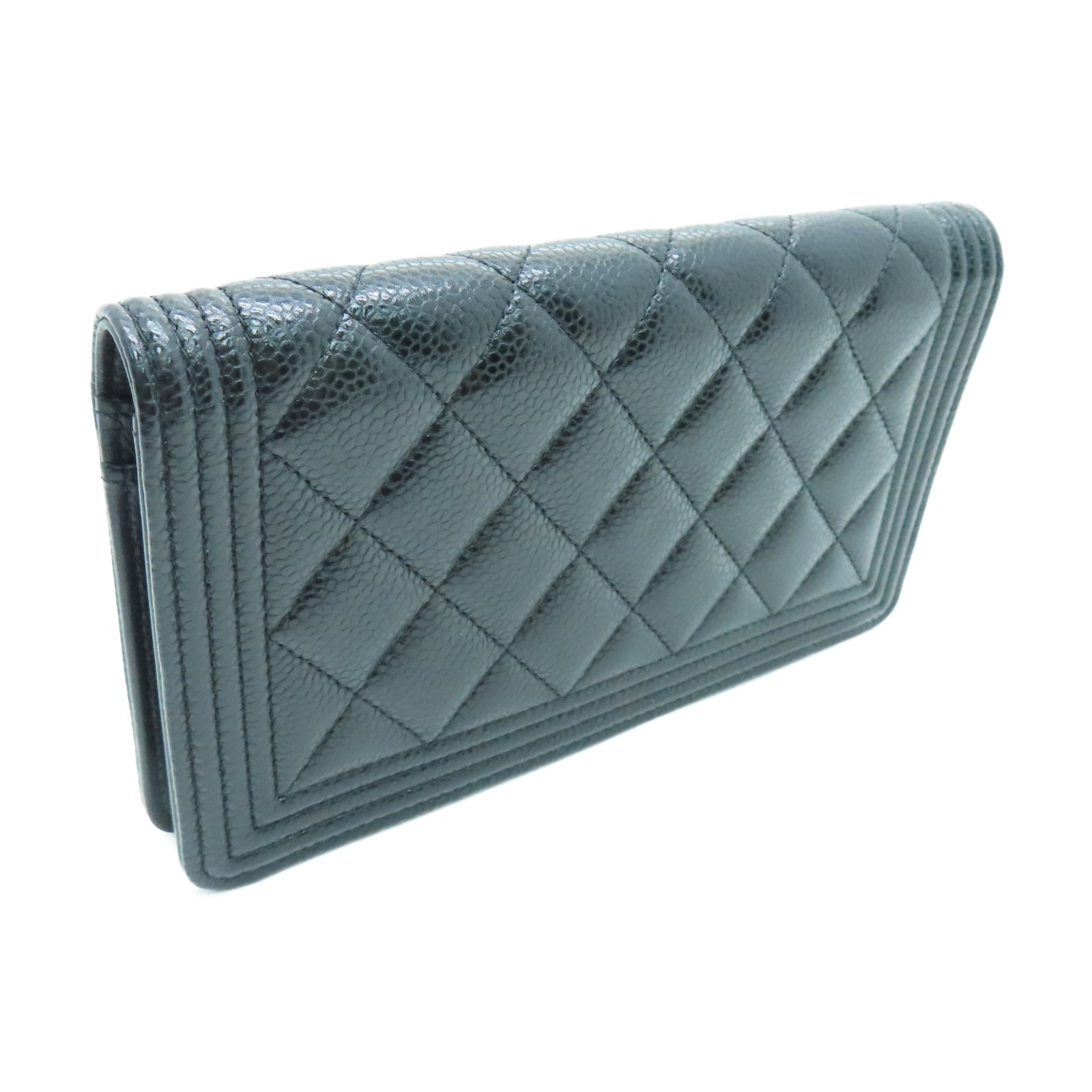 CHANEL 菱格Caviar皮革Boy Wallet金扣長錢包黑色
