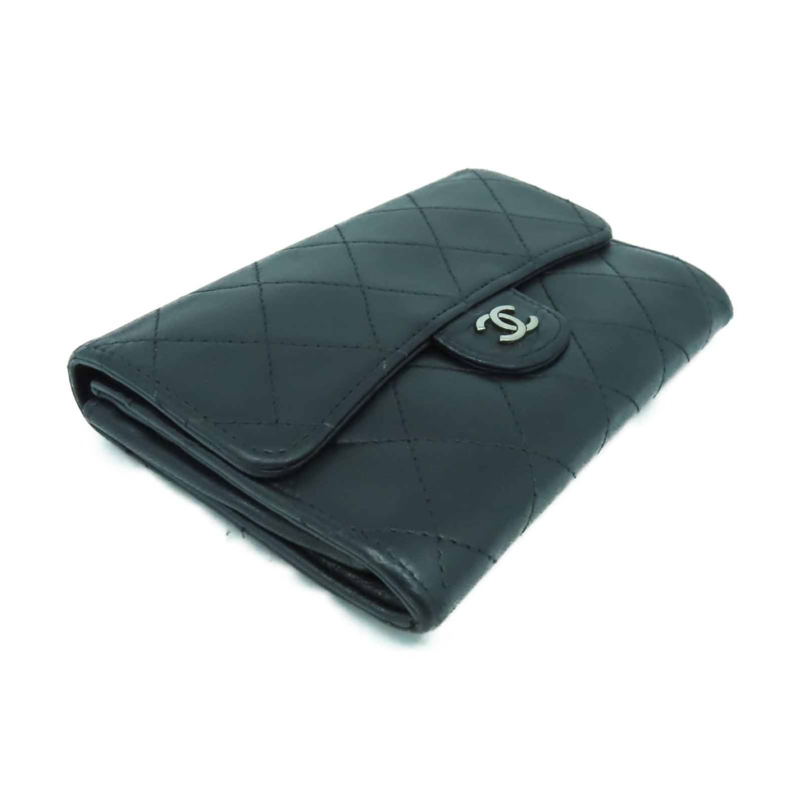 CHANEL 菱格牛皮皮革Wallet銀扣錢包黒色