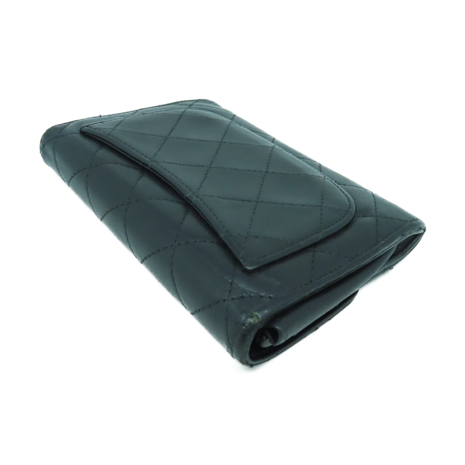 CHANEL 菱格牛皮皮革Wallet銀扣錢包黒色