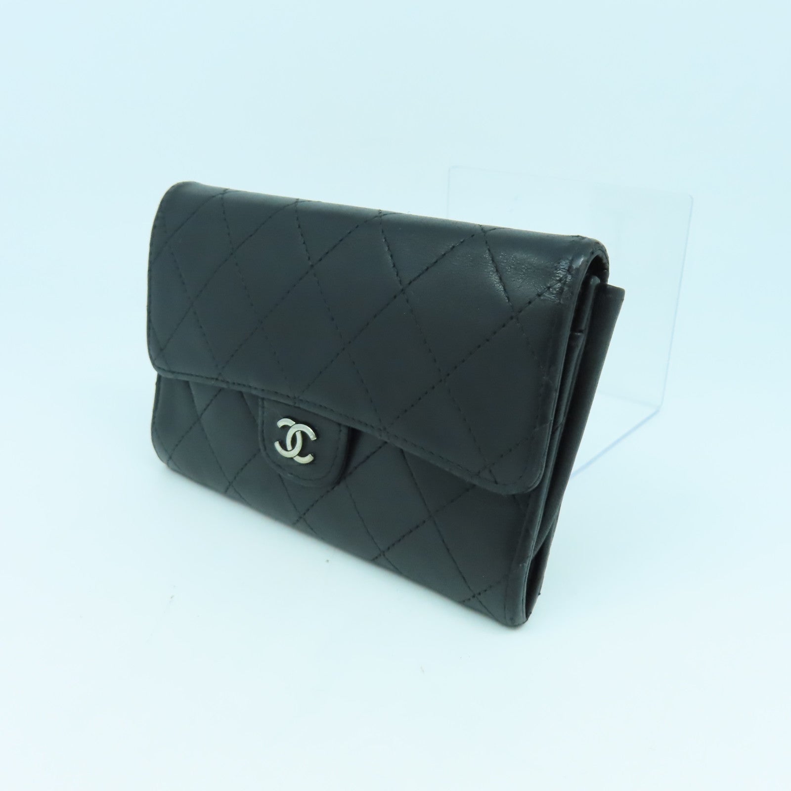 CHANEL 菱格牛皮皮革Wallet銀扣錢包黒色