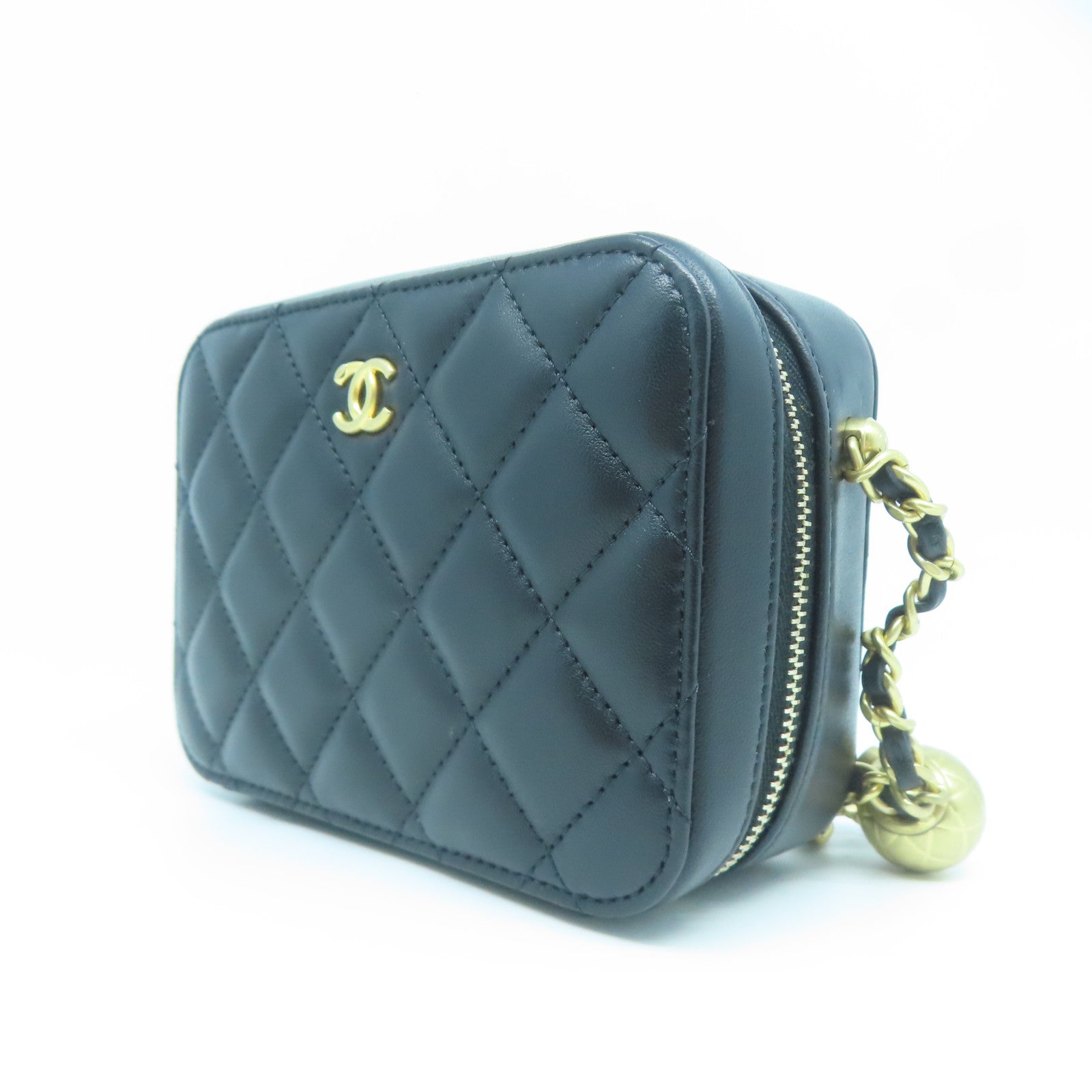 CHANEL 牛皮皮革Mini Vanity Coco Ball Chain Bag金扣鏈帶肩背袋黑色