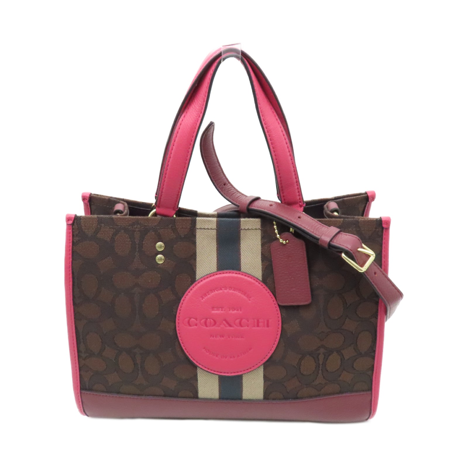 COACH Coated Canvas 2Way Bag Gold Buckle Handle Shoulder Bag Brown Red