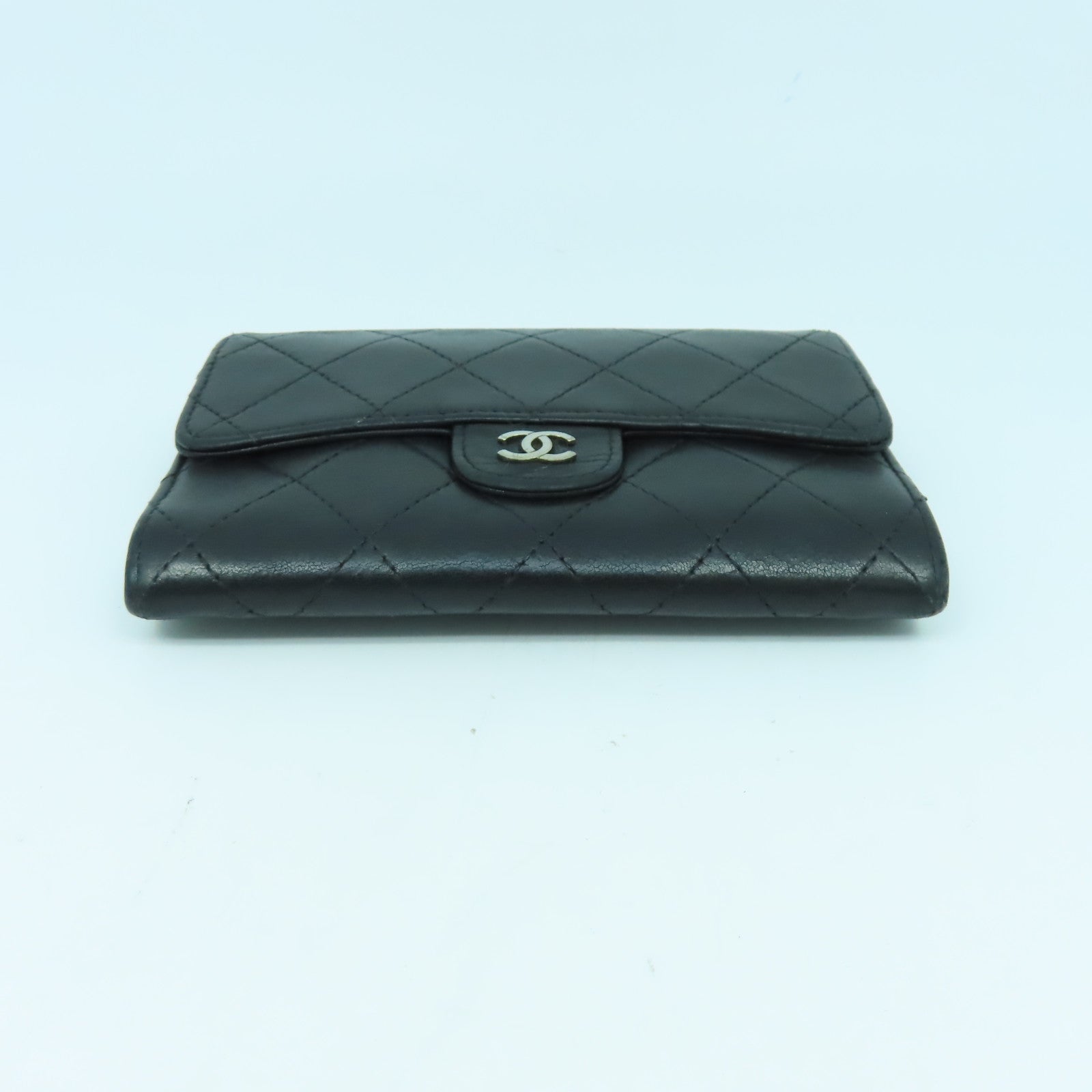 CHANEL 菱格牛皮皮革Wallet銀扣錢包黒色