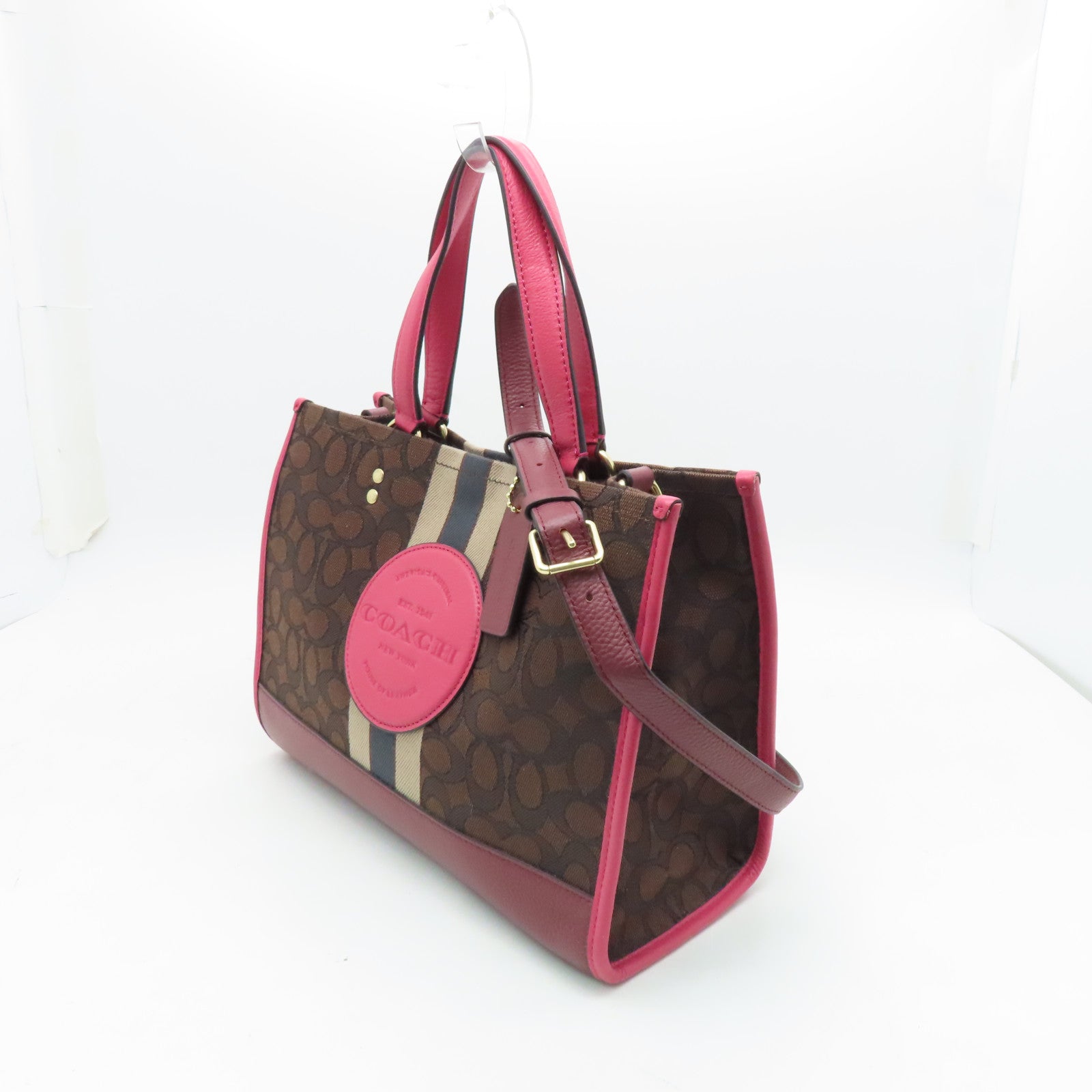 COACH Coated Canvas 2Way Bag Gold Buckle Handle Shoulder Bag Brown Red