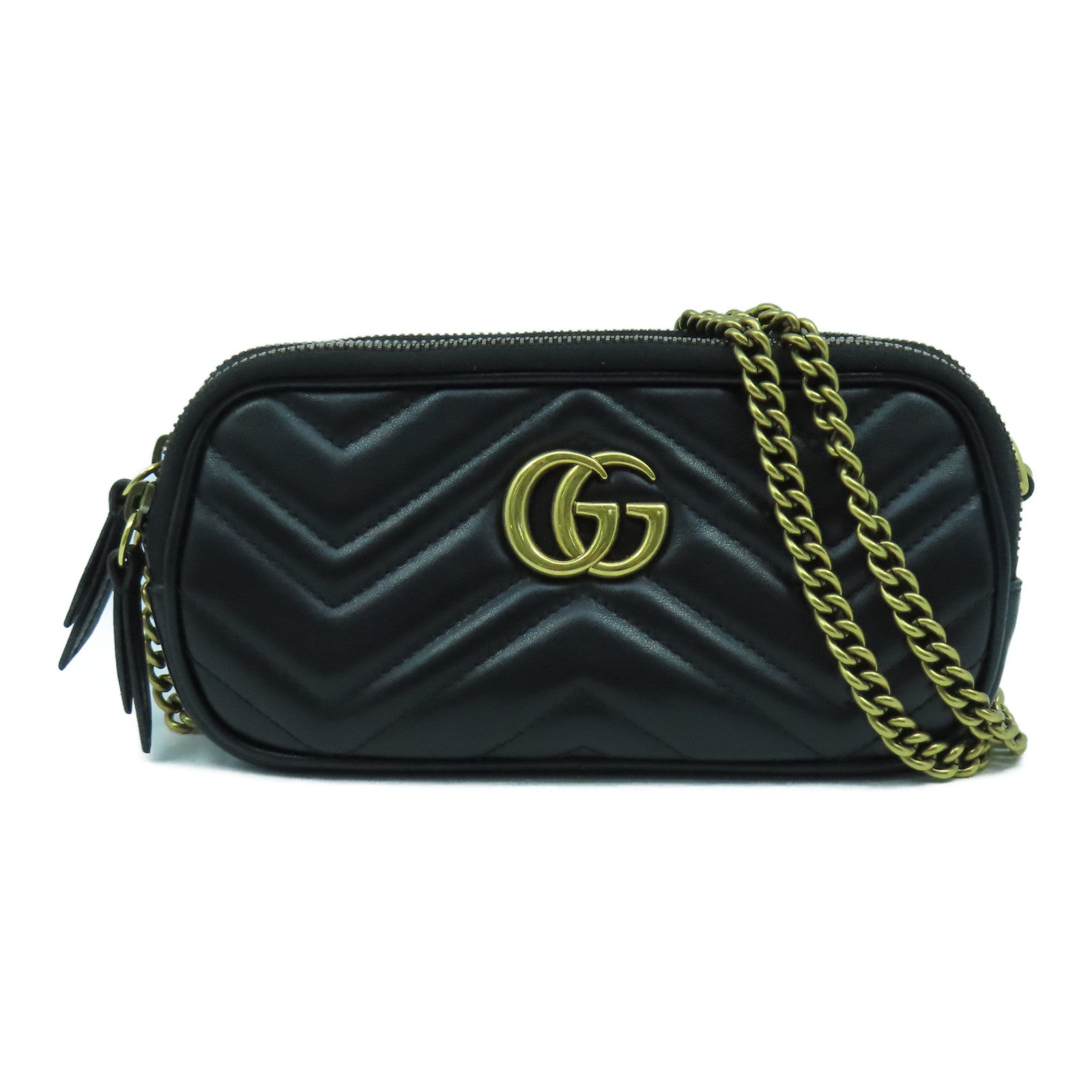 GUCCI 牛皮皮革GG Marmont金扣鏈帶肩背袋黑色