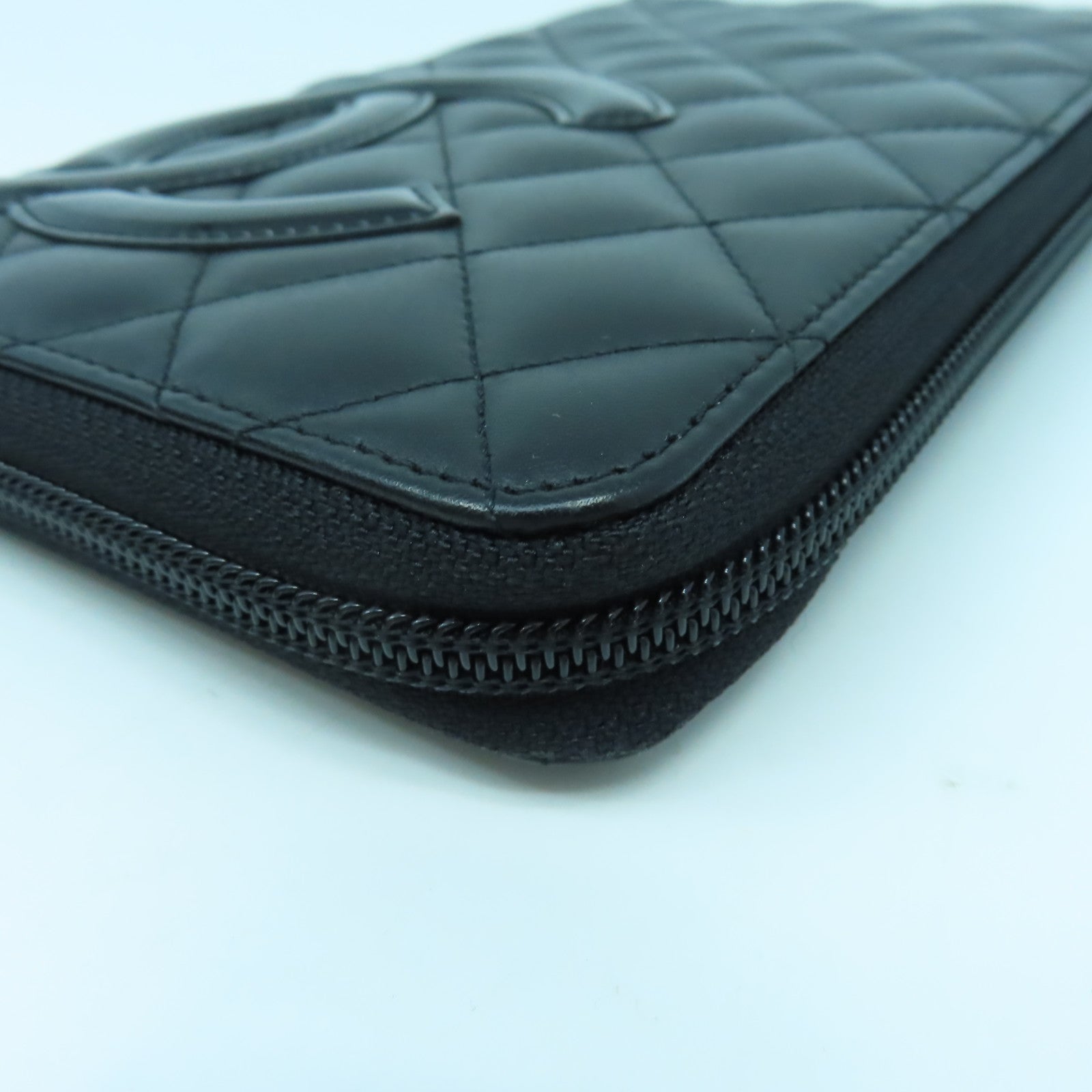 CHANEL 菱格牛皮皮革Cambon Wallet銀扣長錢包黑色