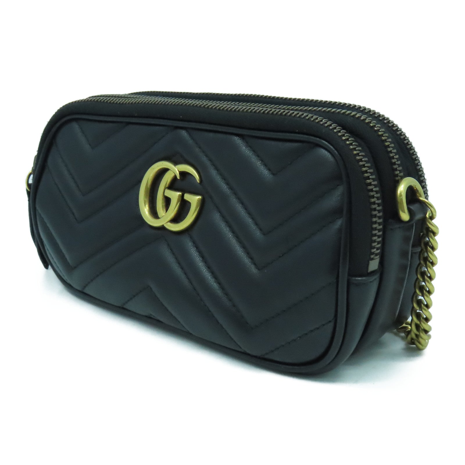 GUCCI 牛皮皮革GG Marmont金扣鏈帶肩背袋黑色