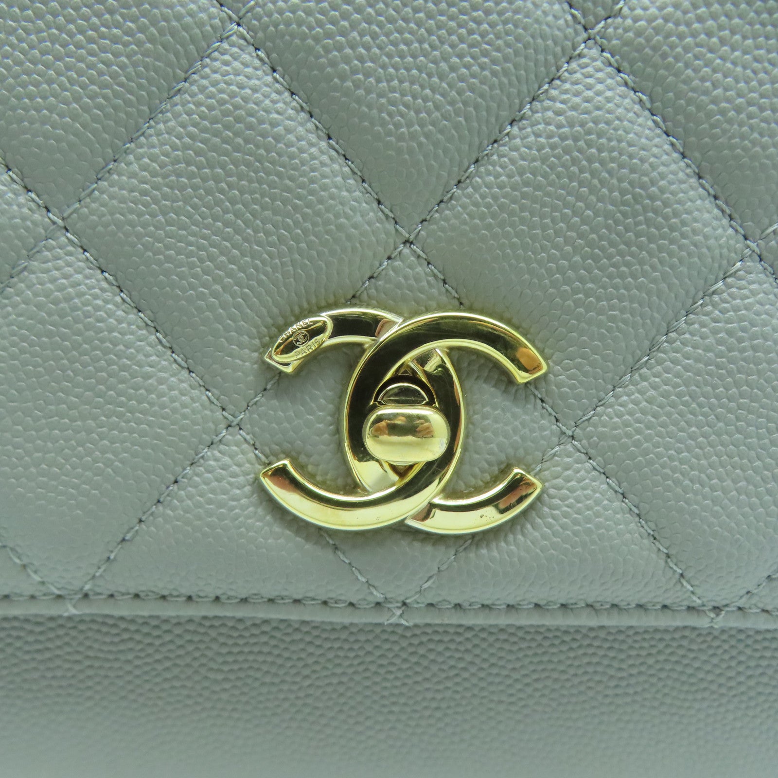 CHANEL 菱格Caviar皮革Chain Shoulder金扣鏈帶肩背袋灰色