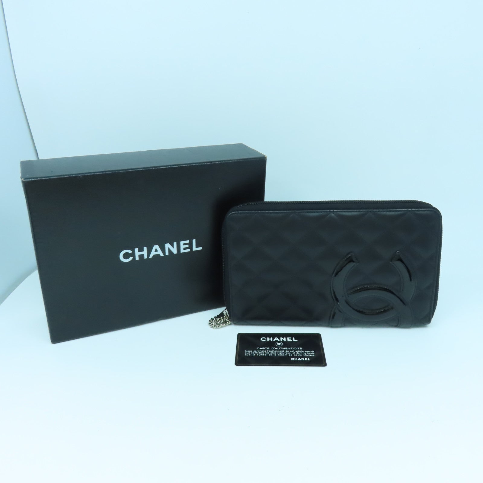 CHANEL 菱格牛皮皮革Cambon Wallet銀扣長錢包黑色