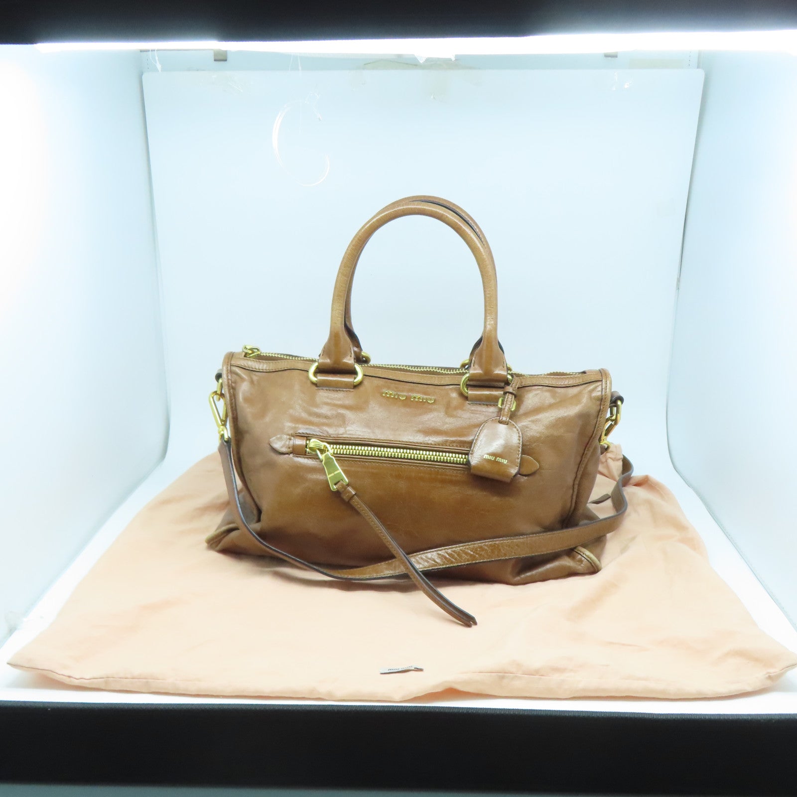 Miu Miu 牛皮皮革Shoulder Bag金扣手挽肩背兩用袋棕色