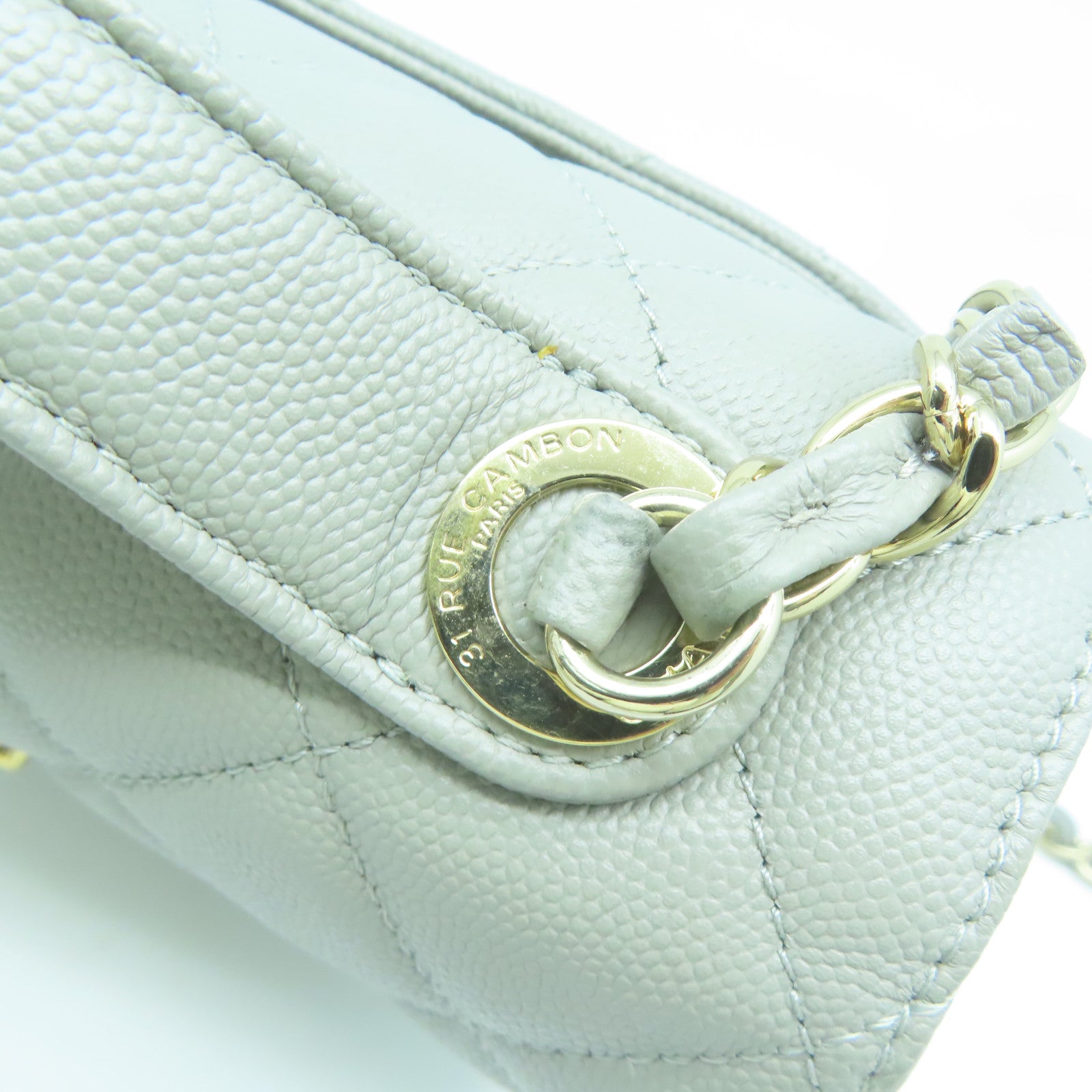CHANEL 菱格Caviar皮革Chain Shoulder金扣鏈帶肩背袋灰色