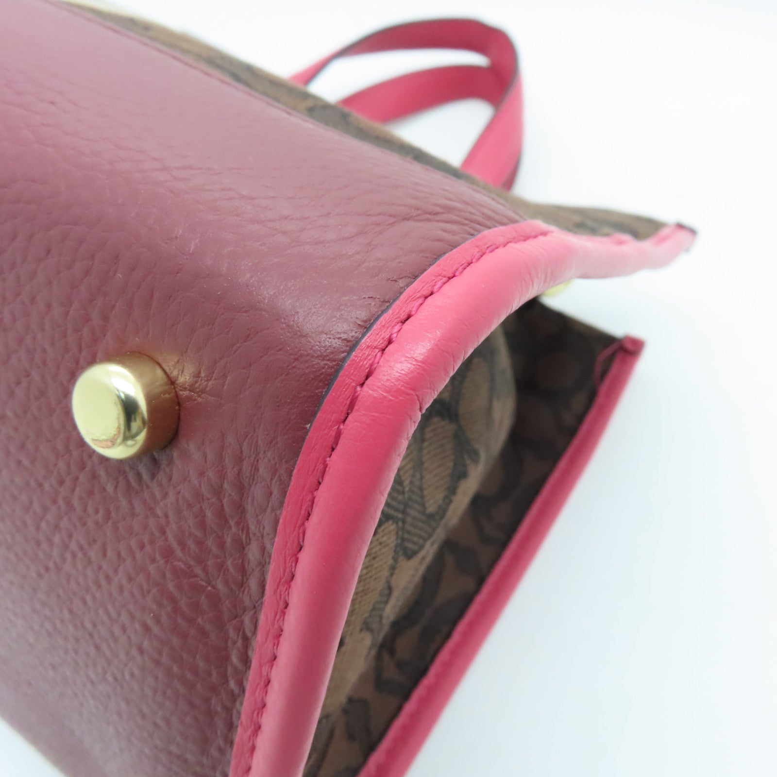 COACH Coated Canvas 2Way Bag Gold Buckle Handle Shoulder Bag Brown Red