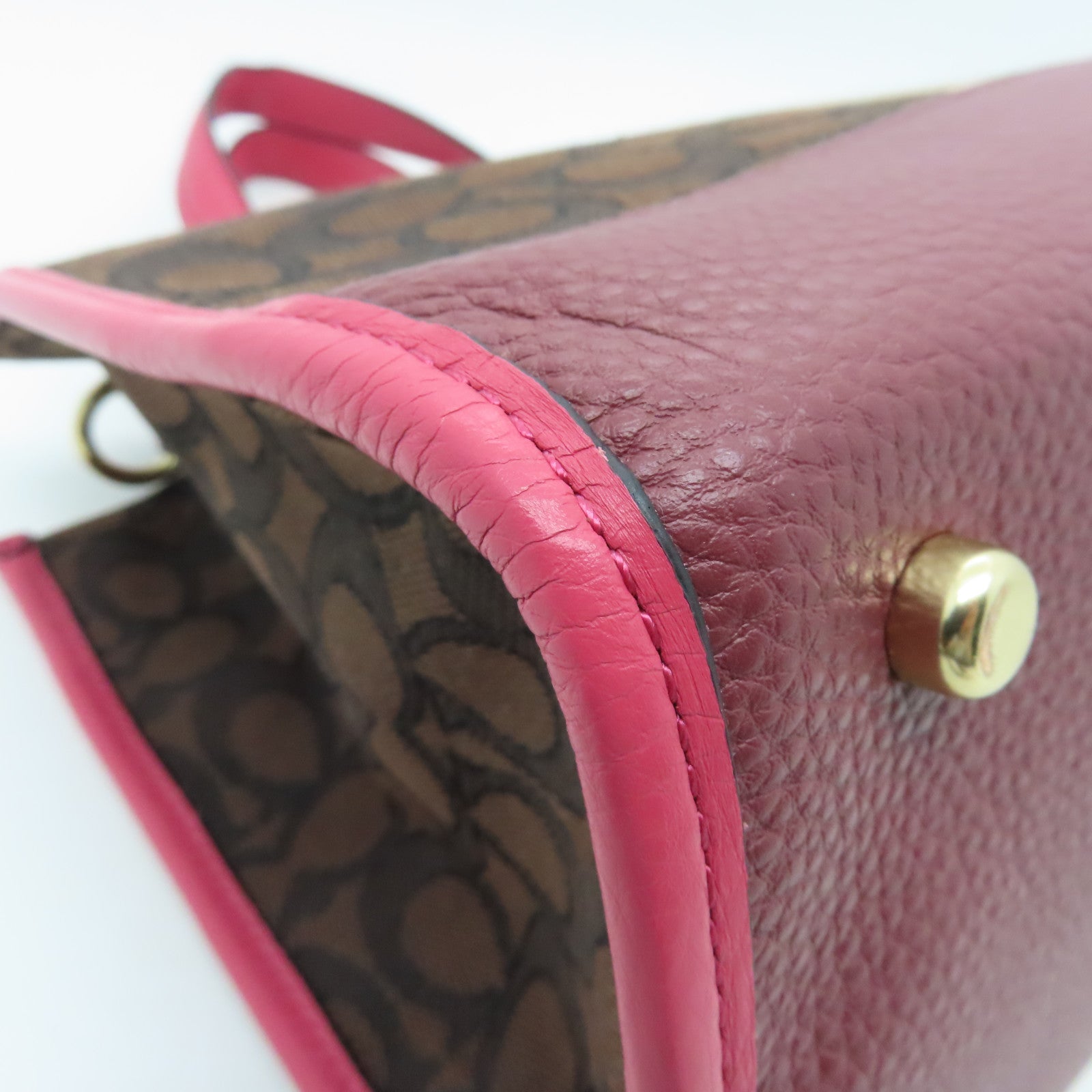 COACH Coated Canvas 2Way Bag Gold Buckle Handle Shoulder Bag Brown Red