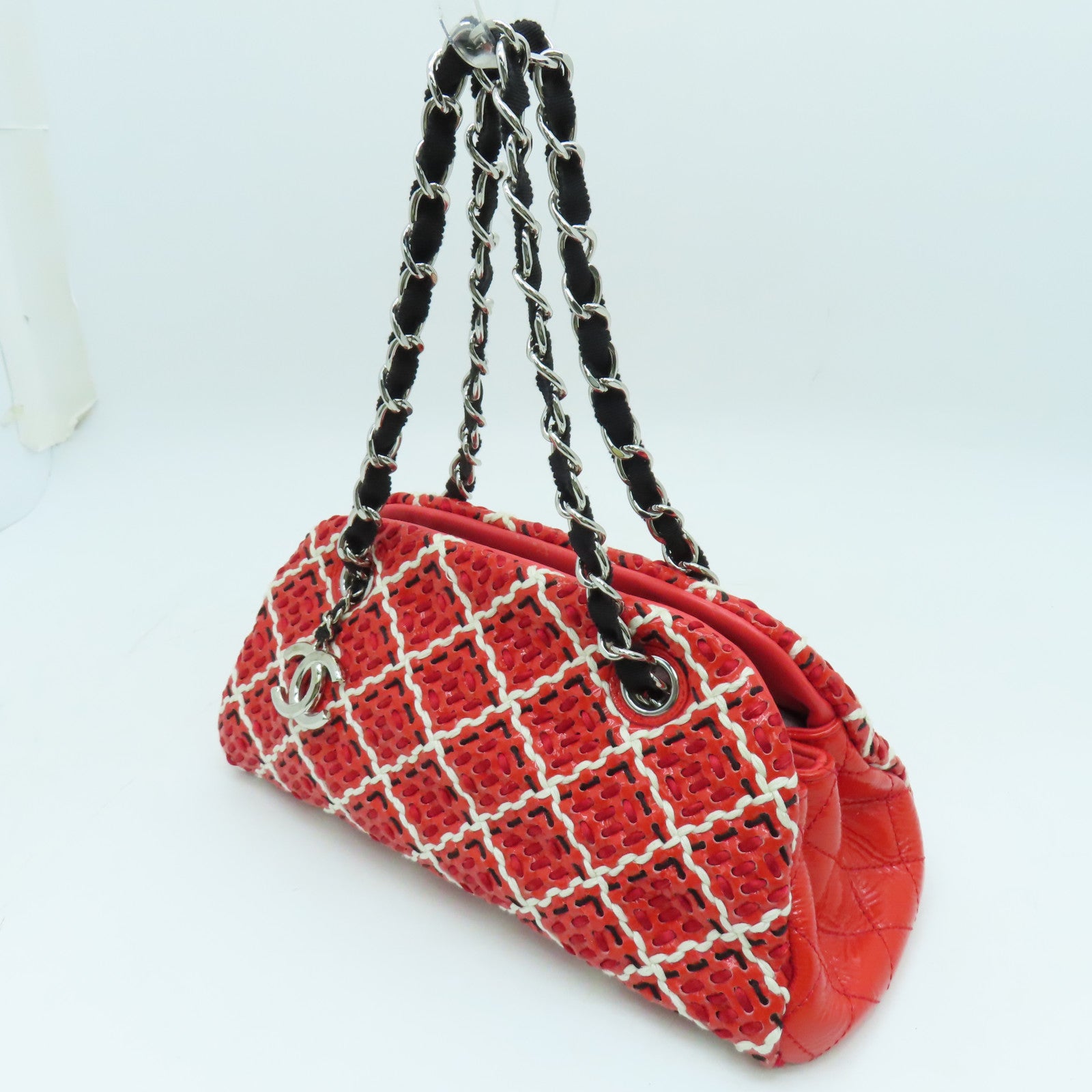 CHANEL 漆皮皮革Chain Shoulder銀扣鏈帶肩背袋紅色