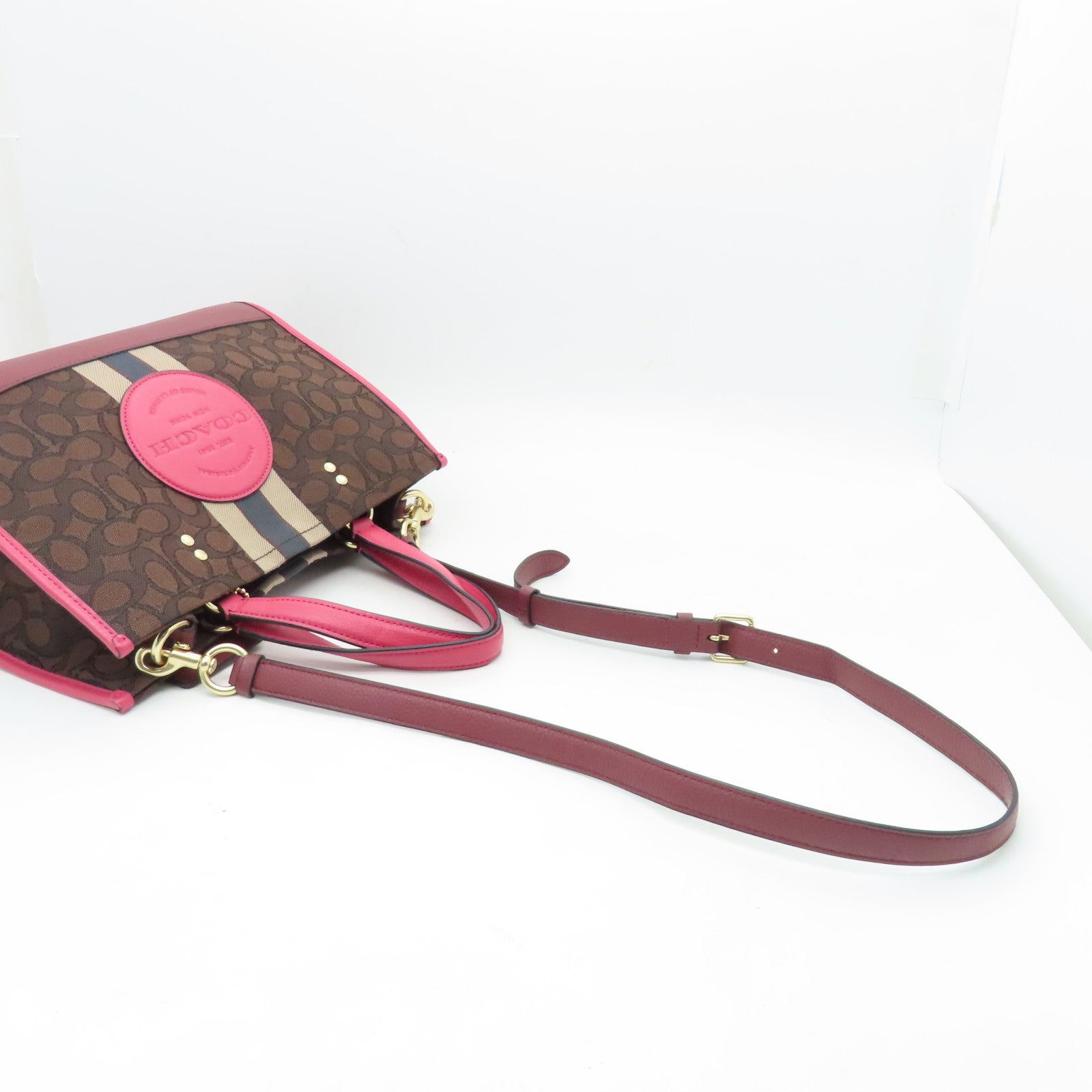COACH Coated Canvas 2Way Bag Gold Buckle Handle Shoulder Bag Brown Red